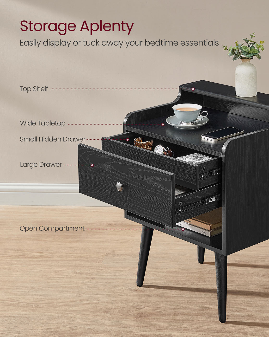 Mid-Century Nightstand Set, 2-Piece, Hidden Drawer, Solid Wood Legs