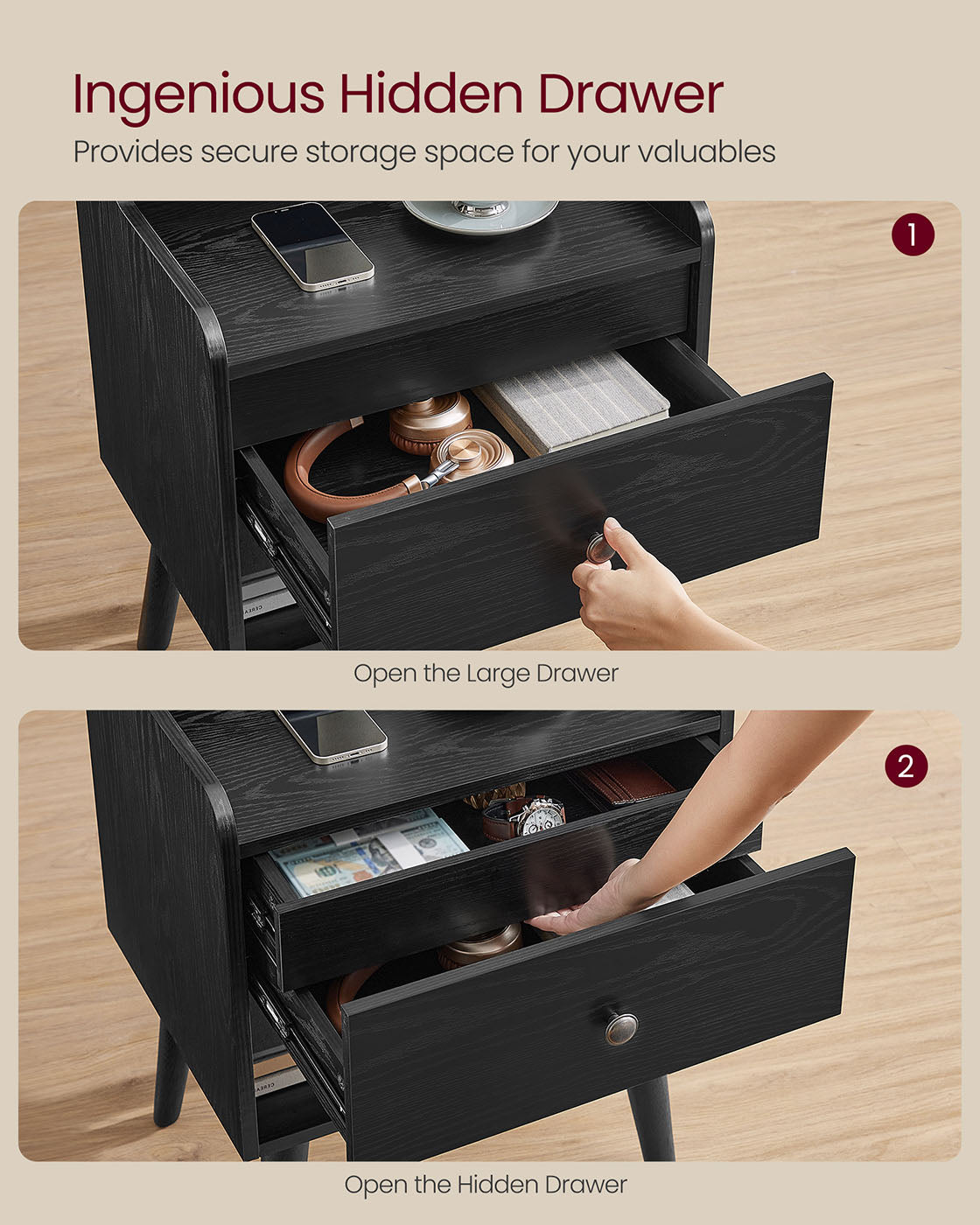 Mid-Century Nightstand Set, 2-Piece, Hidden Drawer, Solid Wood Legs