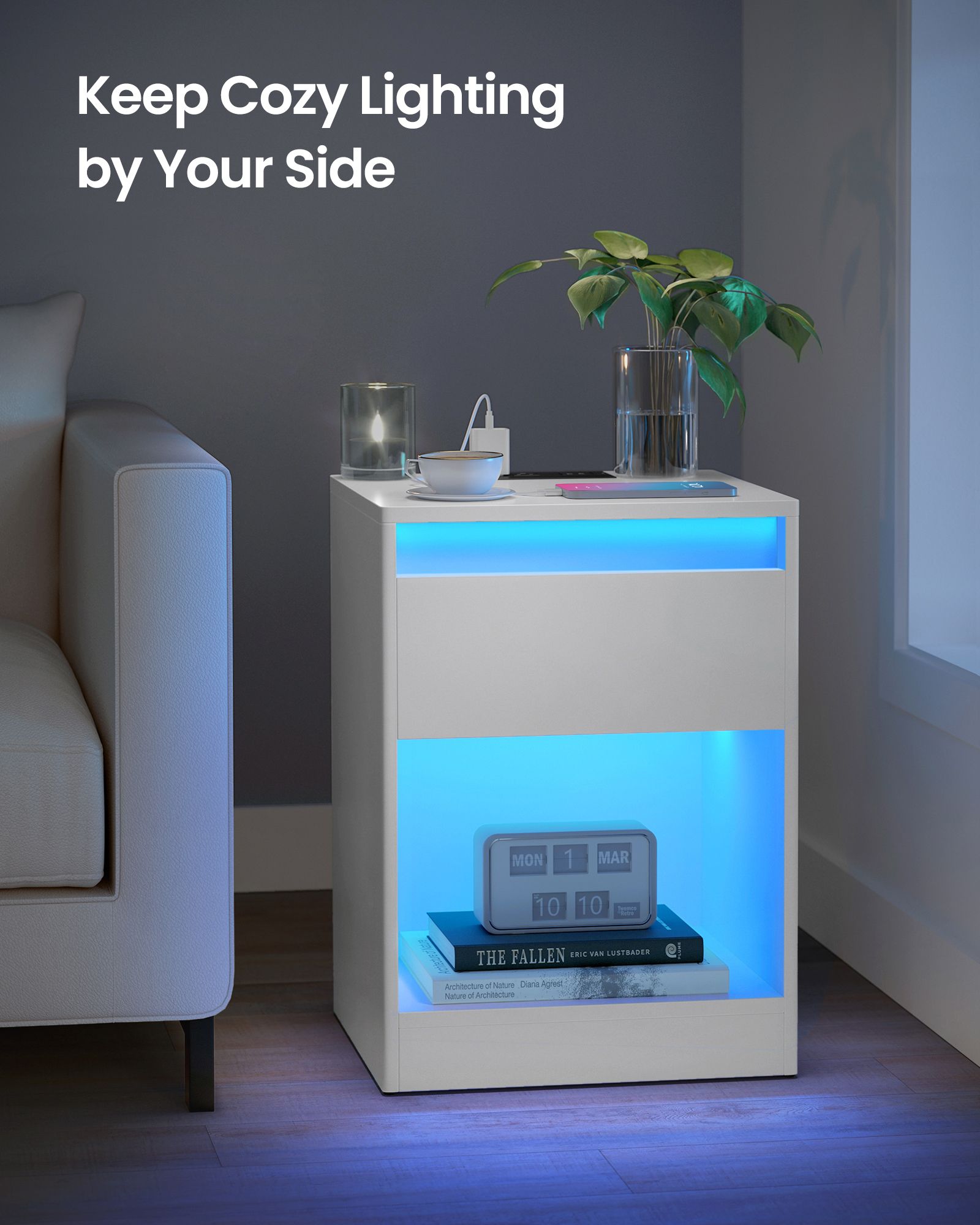 Modern led nightstand with charging station – white bedside table with drawer, open shelf & dual led strips