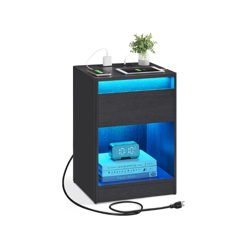 Modern led nightstand with charging station – white bedside table with drawer, open shelf & dual led strips