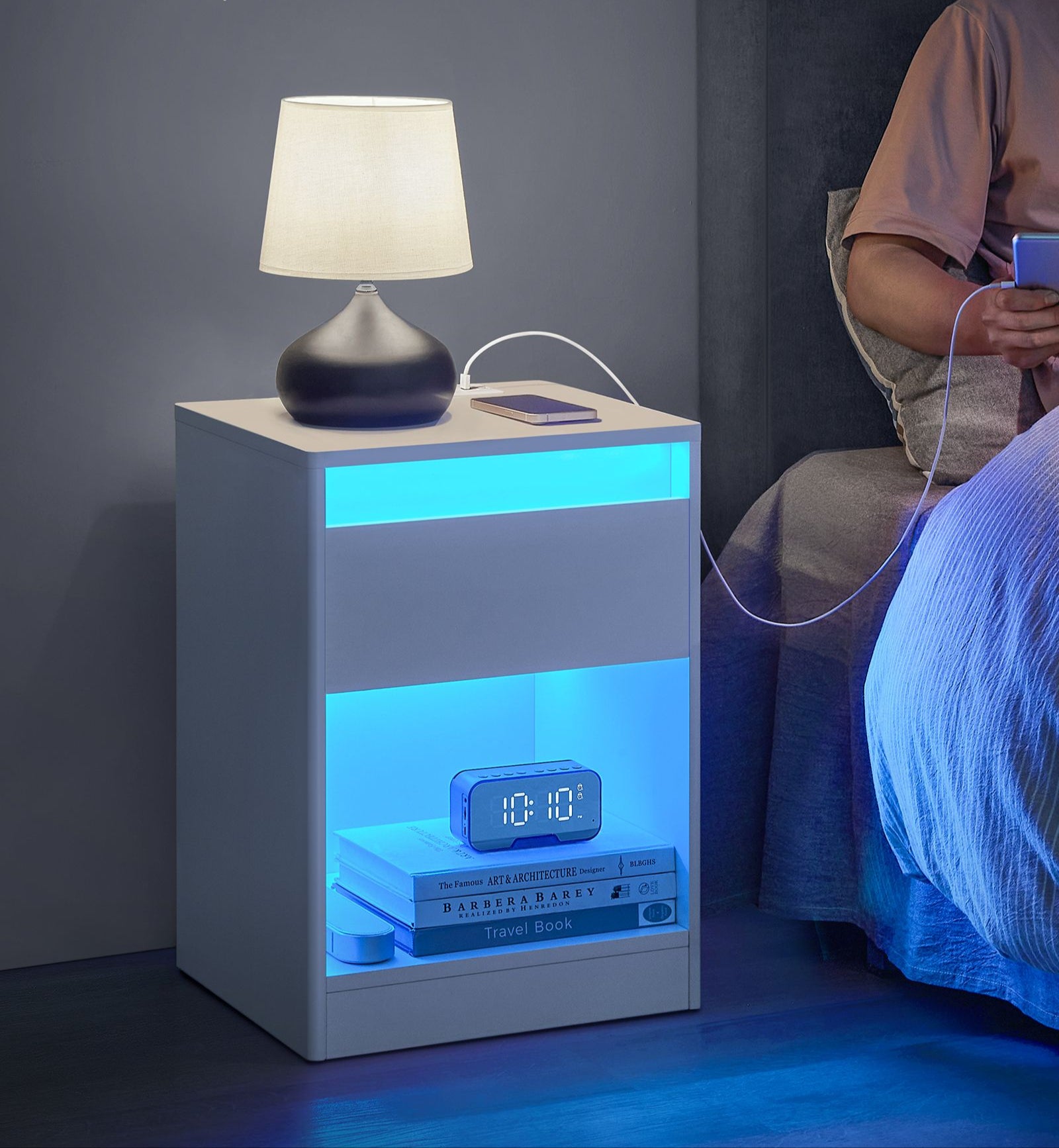 Modern led nightstand with charging station – white bedside table with drawer, open shelf & dual led strips