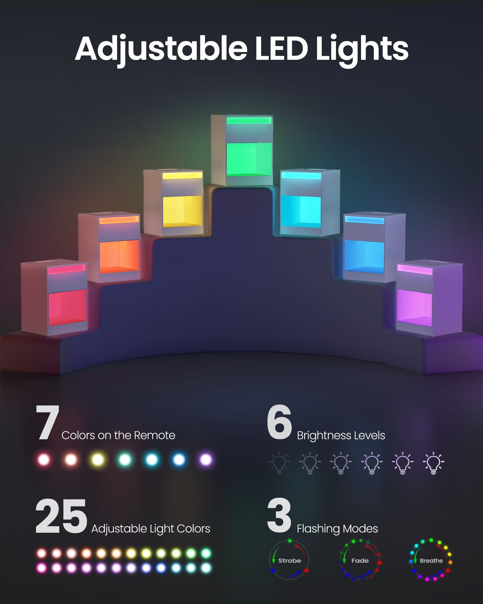 Modern led nightstand with charging station – white bedside table with drawer, open shelf & dual led strips