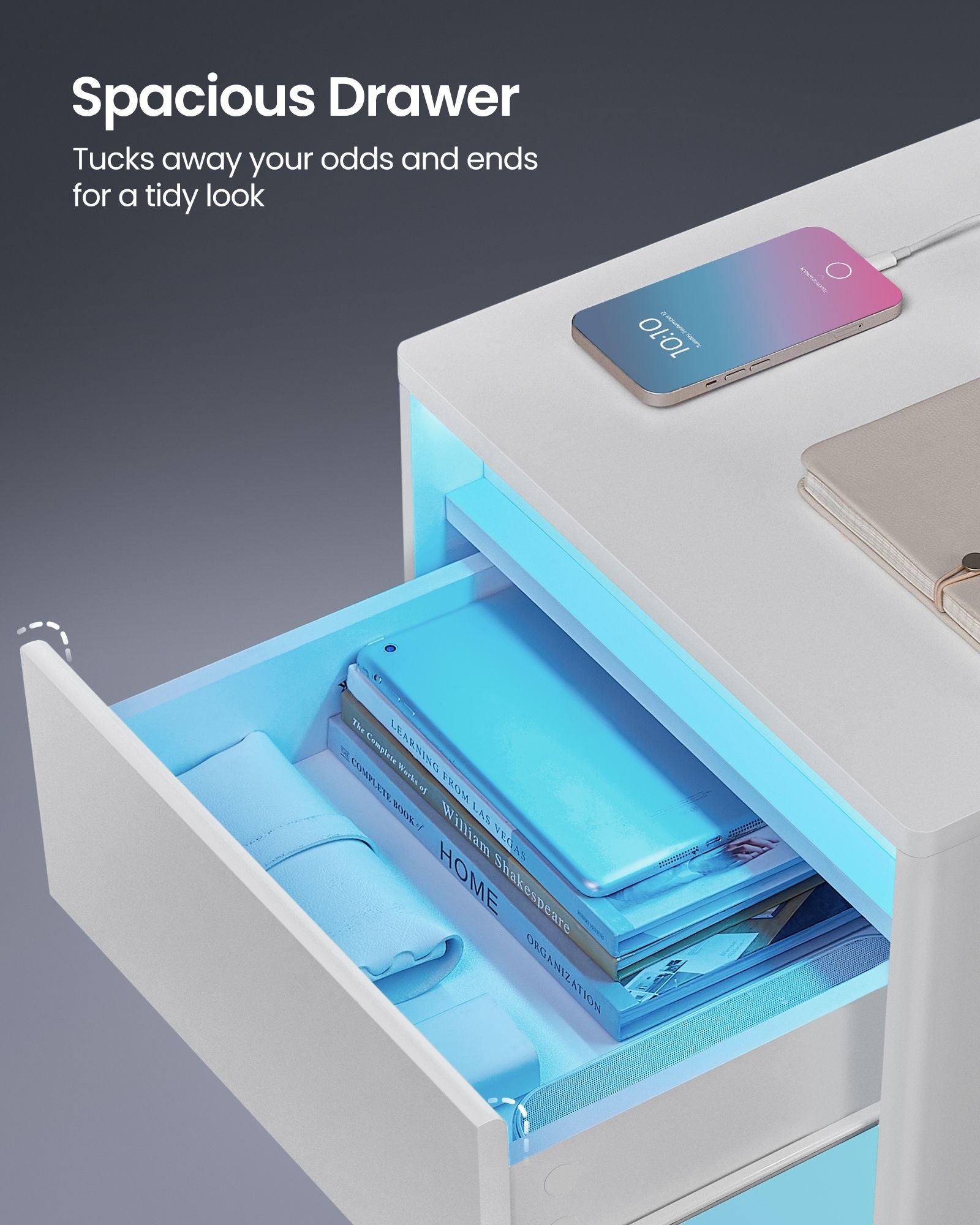 Modern led nightstand with charging station – white bedside table with drawer, open shelf & dual led strips