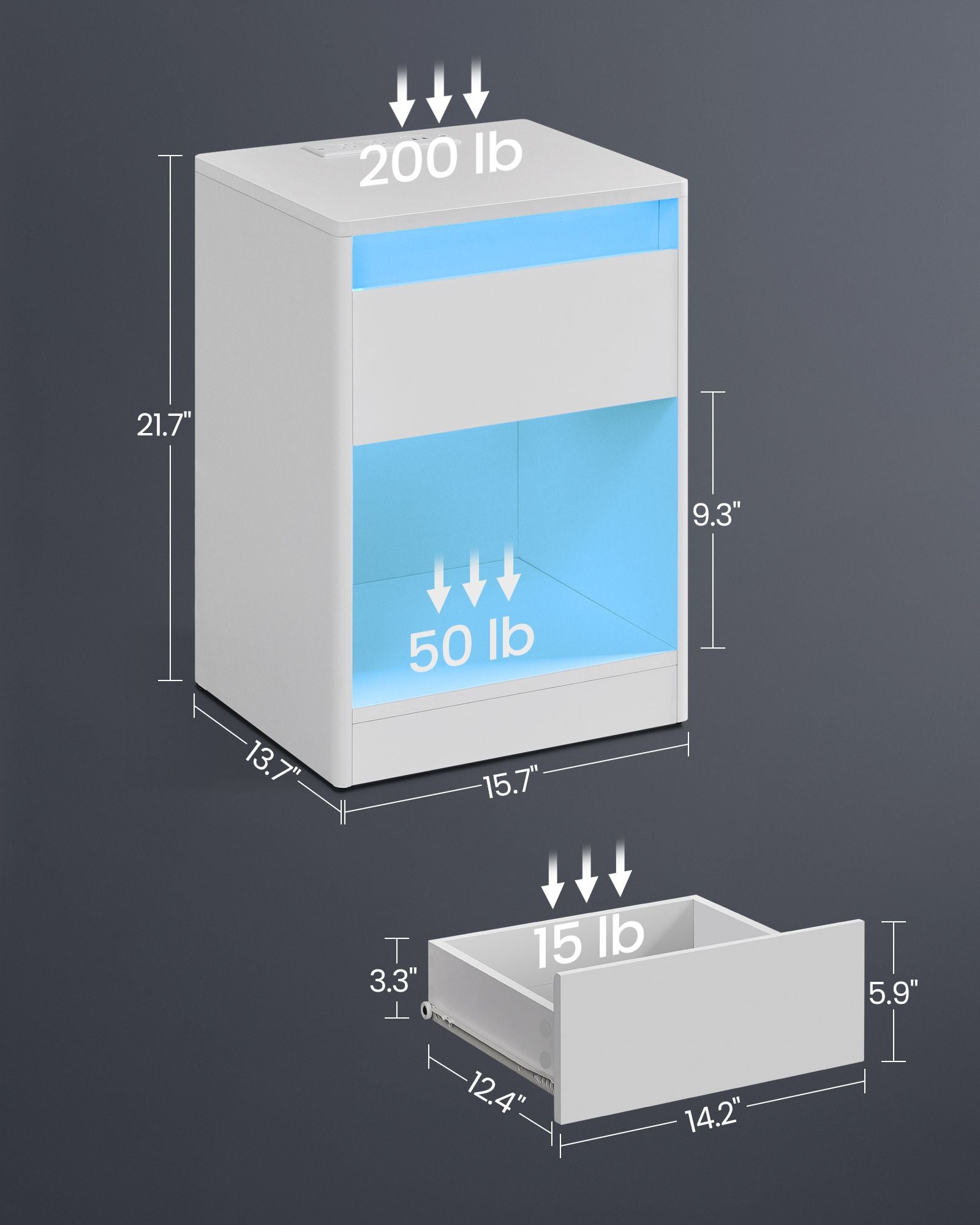 Modern led nightstand with charging station – white bedside table with drawer, open shelf & dual led strips