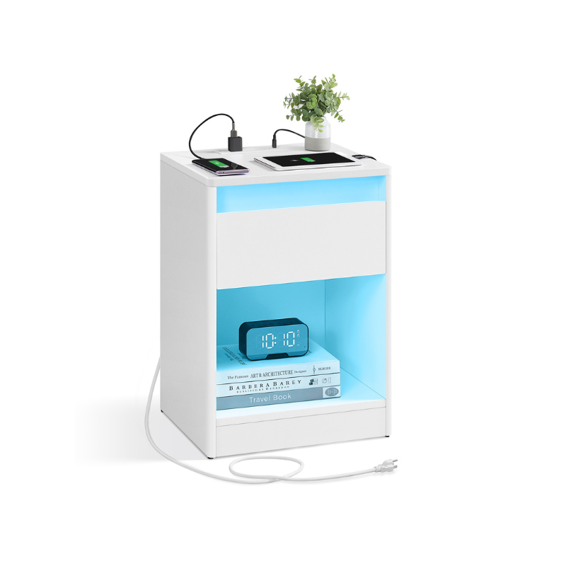 Modern led nightstand with charging station – white bedside table with drawer, open shelf & dual led strips