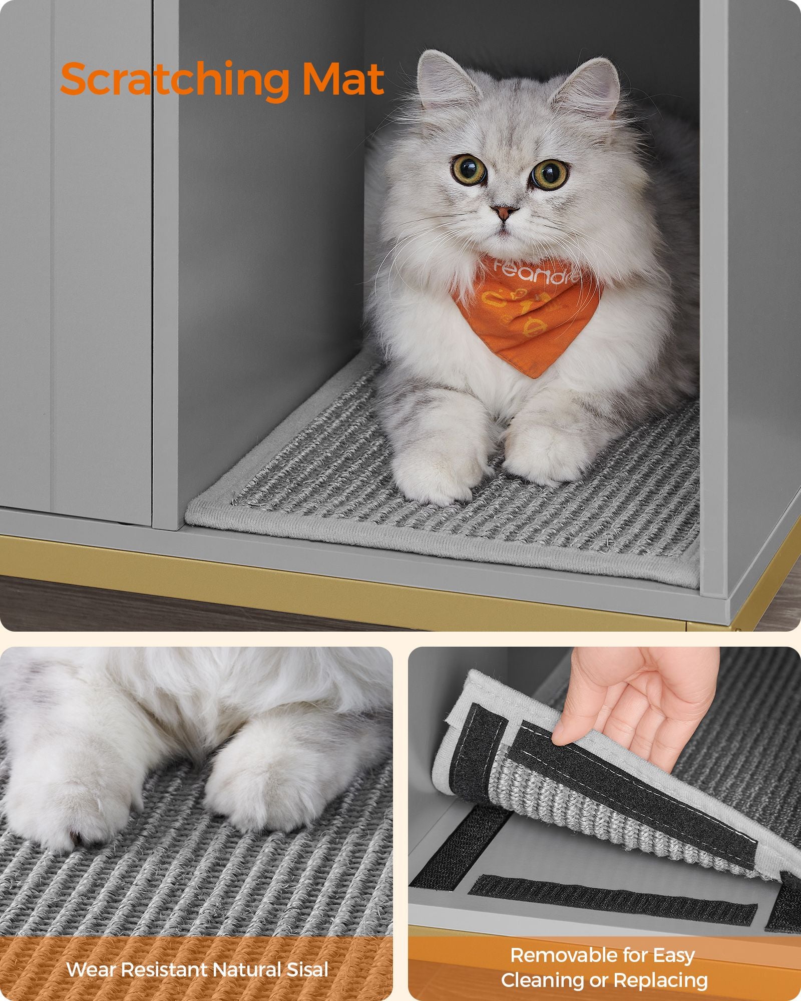 Modern litter box enclosure - side table style cat furniture with scratching mat - 31.5" wide