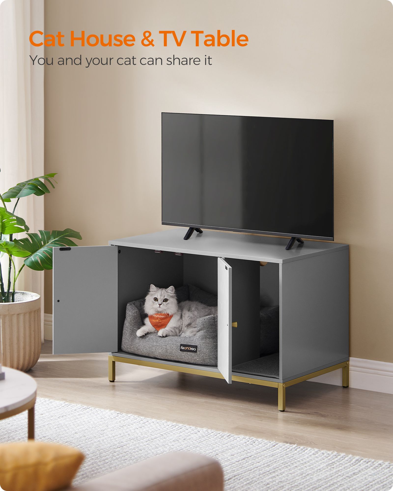 Modern litter box enclosure - side table style cat furniture with scratching mat - 31.5" wide