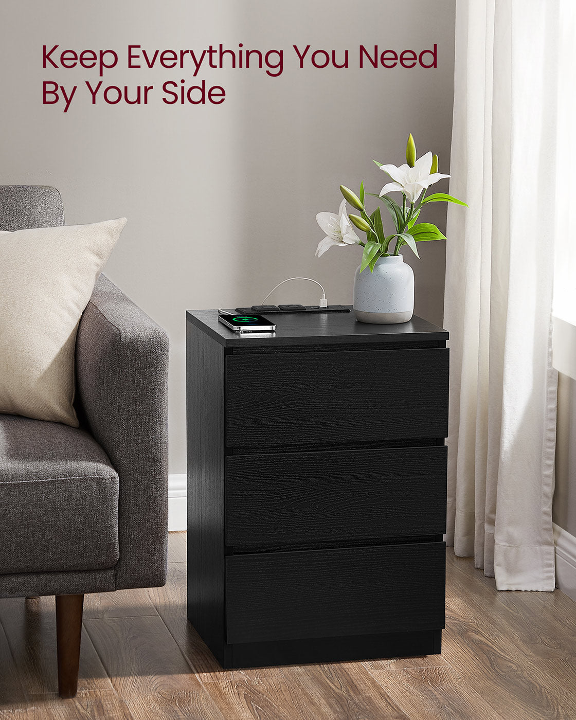 Nightstand with Charging Station - 3 Drawers - USB & AC Outlets