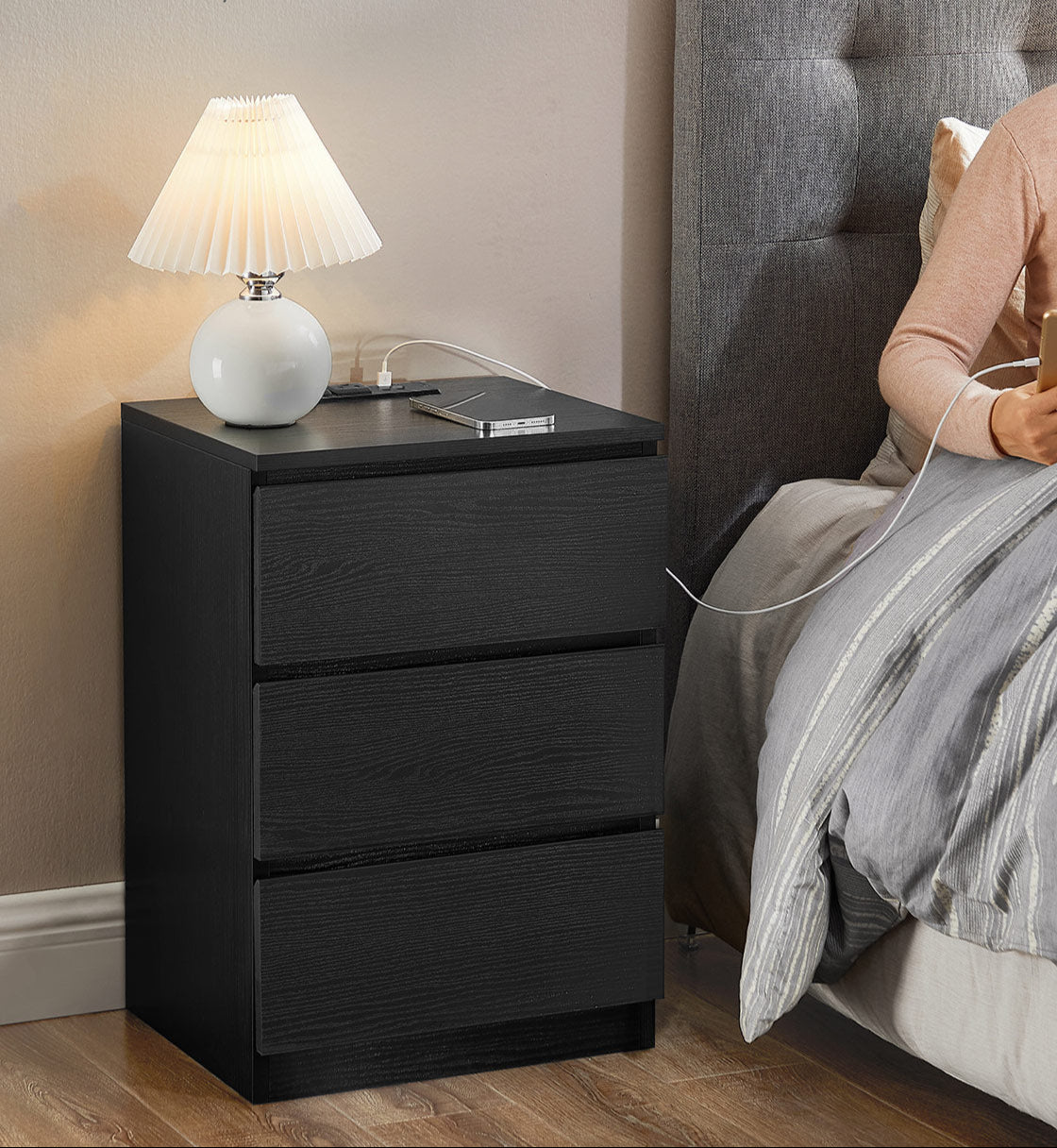 Nightstand with Charging Station - 3 Drawers - USB & AC Outlets