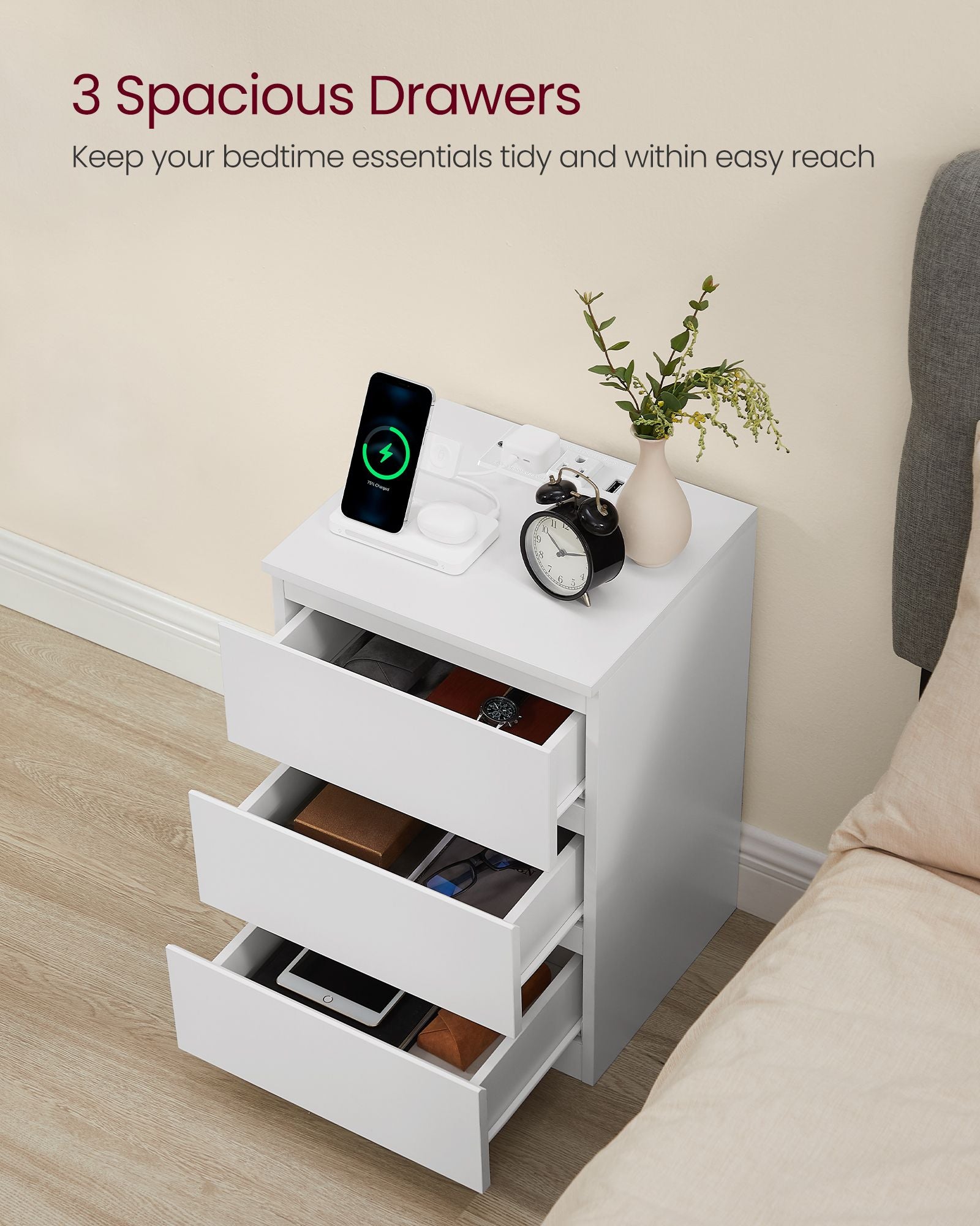 Nightstand with Charging Station - 3 Drawers - USB & AC Outlets