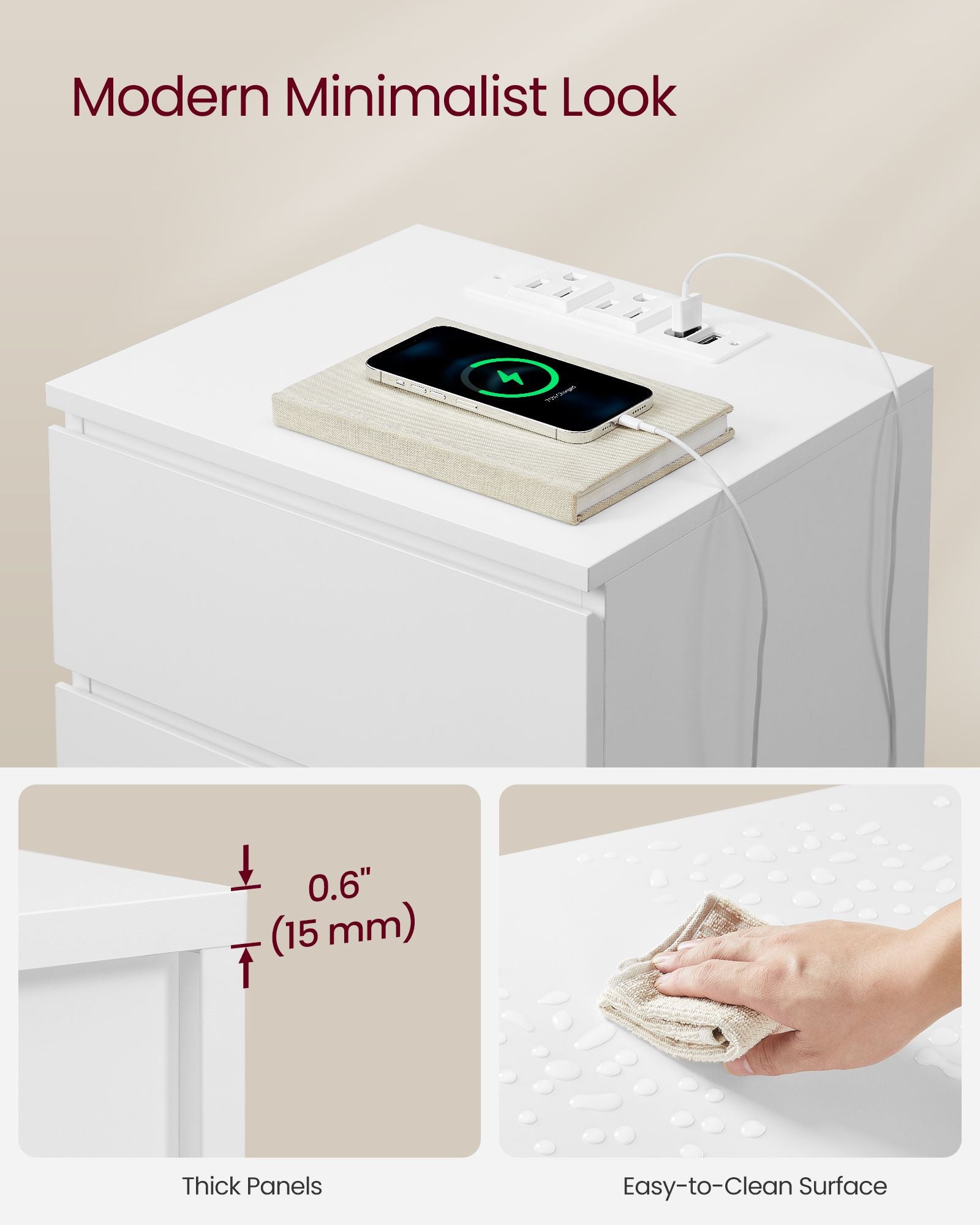 Nightstand with Charging Station - 3 Drawers - USB & AC Outlets