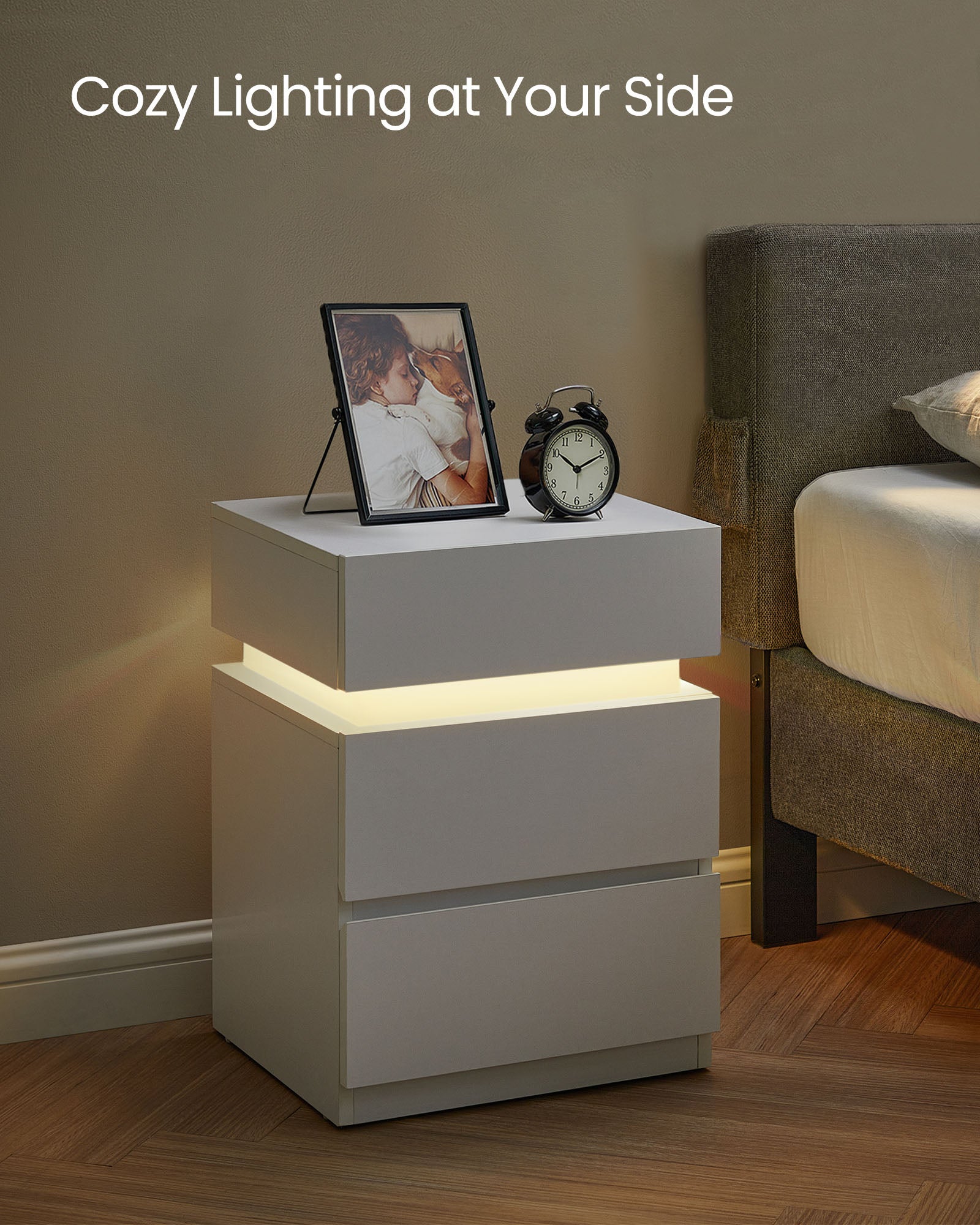 Nightstand with LED Lights – 3 Drawers – Remote Control – Modern Side Table