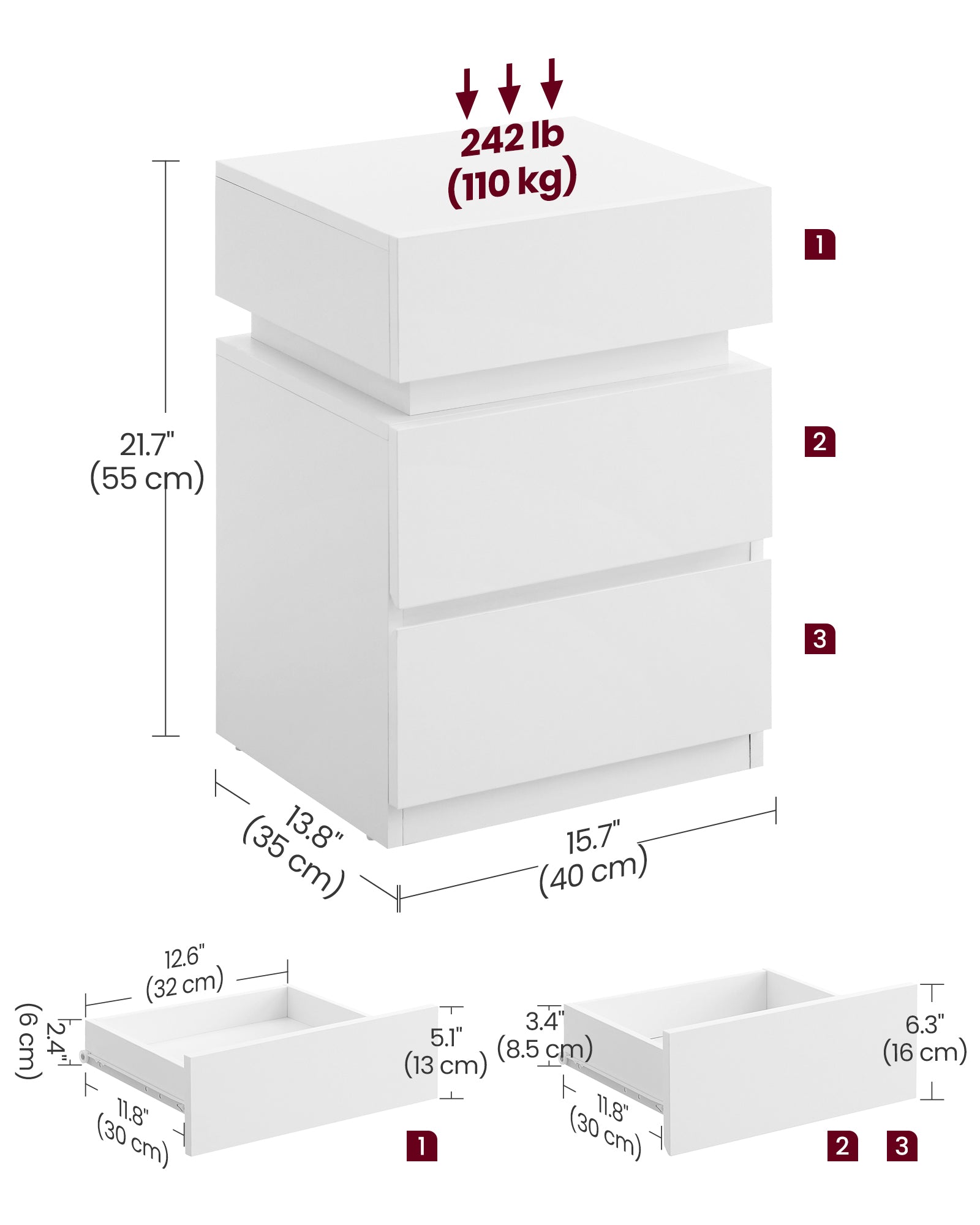 Nightstand with LED Lights – 3 Drawers – Remote Control – Modern Side Table