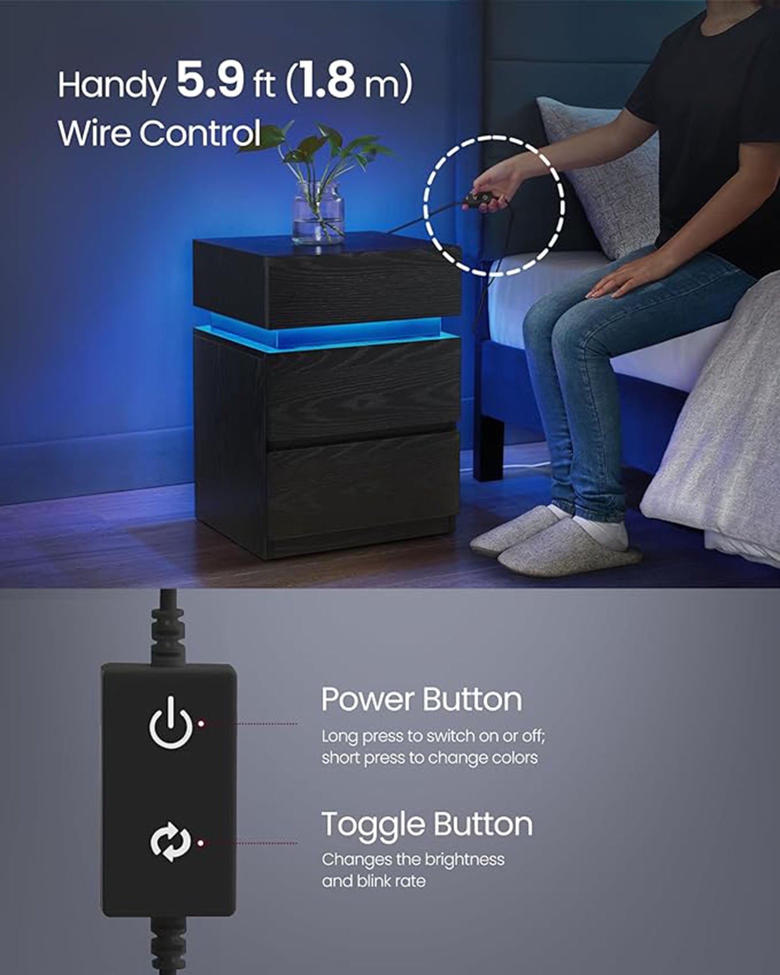 Nightstand with LED Lights – 3 Drawers – Remote Control – Modern Side Table