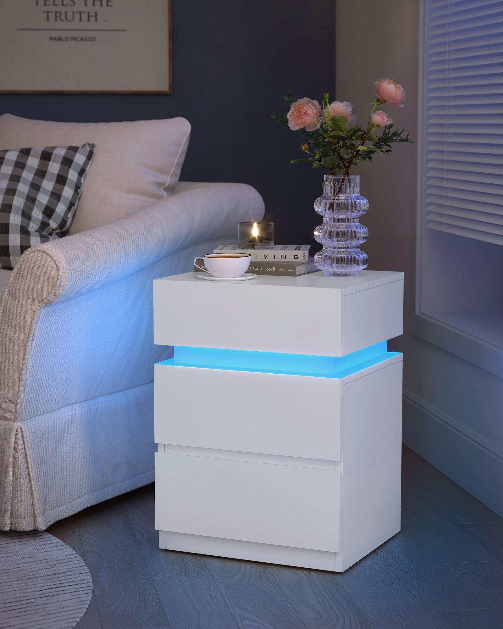 Nightstand with LED Lights – 3 Drawers – Remote Control – Modern Side Table