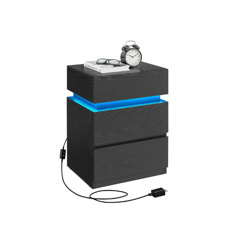 Nightstand with LED Lights – 3 Drawers – Remote Control – Modern Side Table