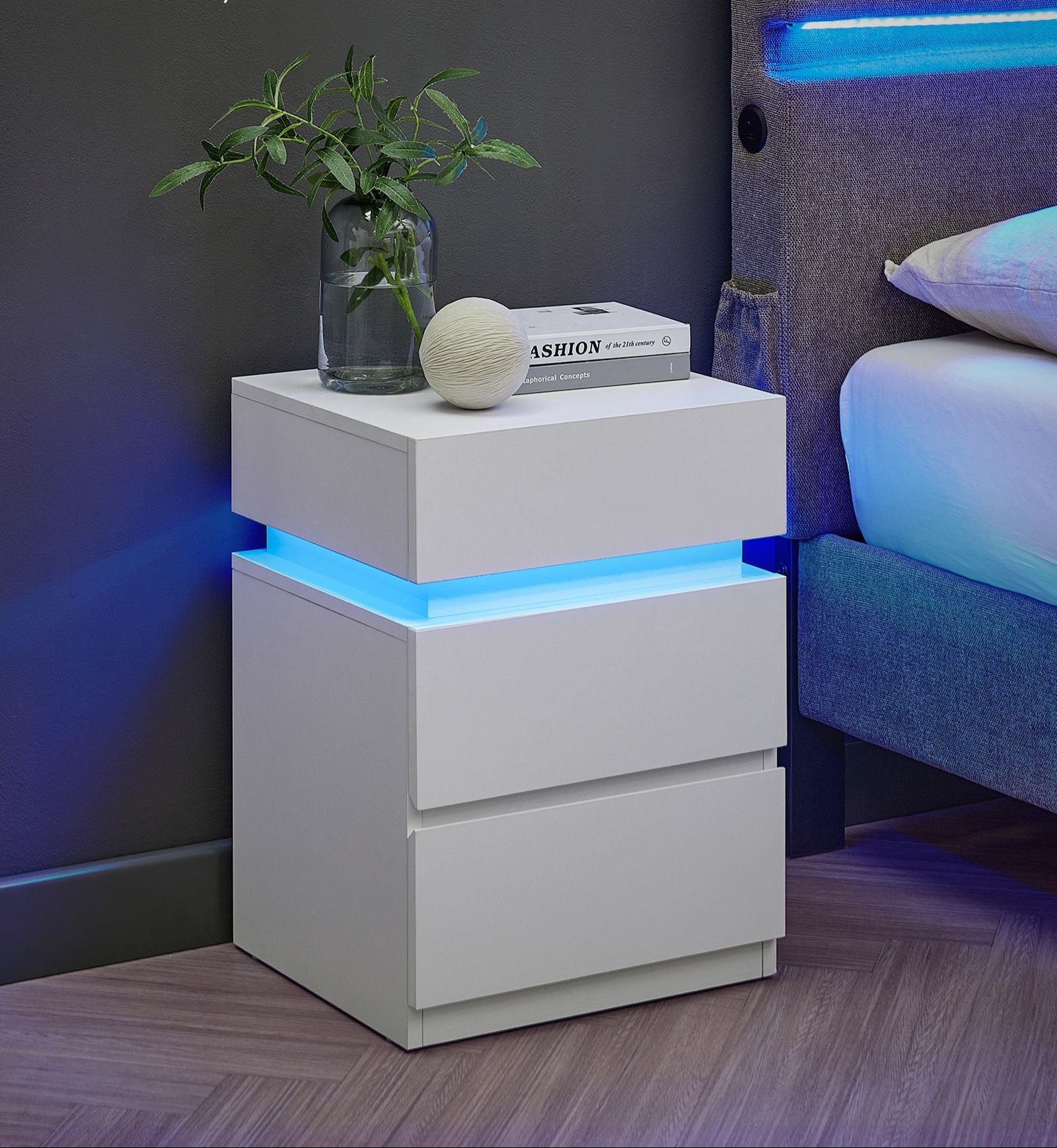 Nightstand with LED Lights – 3 Drawers – Remote Control – Modern Side Table