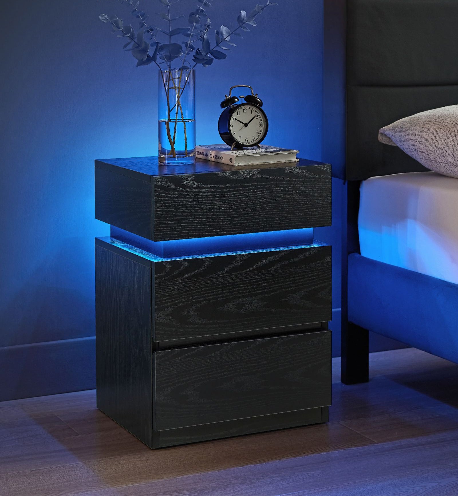 Nightstand with LED Lights – 3 Drawers – Remote Control – Modern Side Table