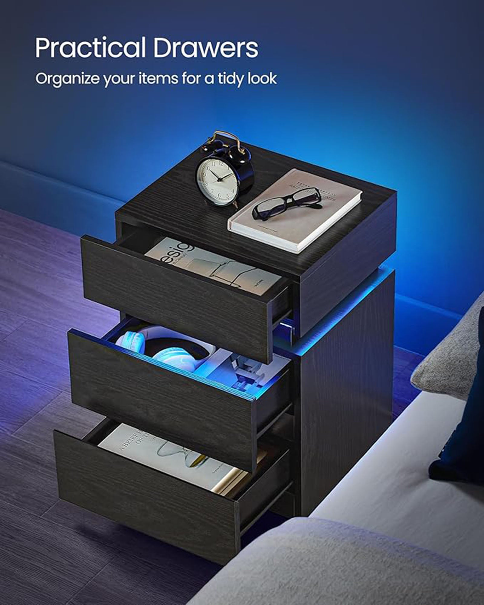 Nightstand with LED Lights – 3 Drawers – Remote Control – Modern Side Table