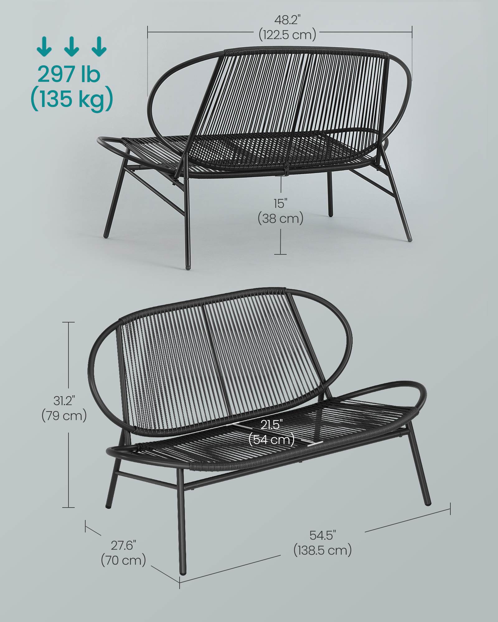 Outdoor Patio Bench, PE Rattan & Steel, Ergonomic, Weather-Resistant, Black