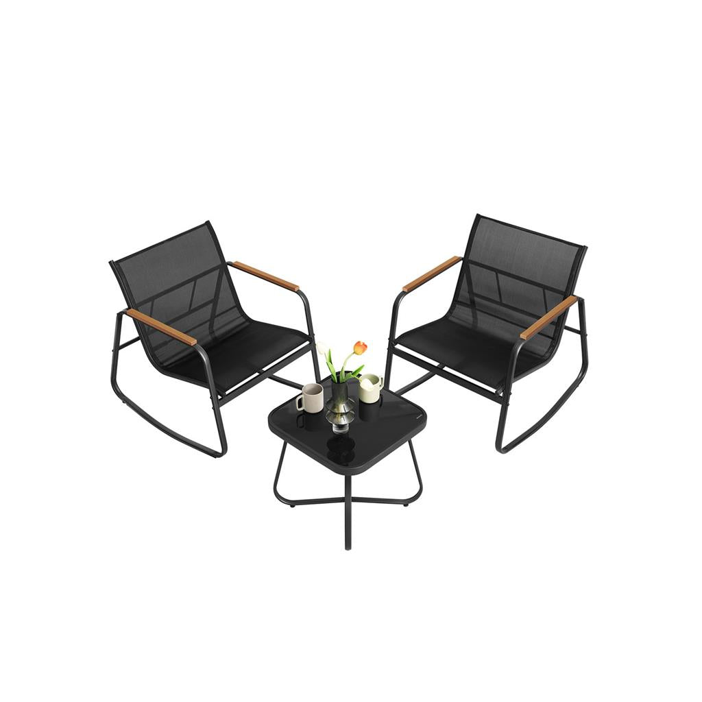 Outdoor Rocking Chair Set, 2 Chairs, Glass Side Table, Steel Frame, 3-Piece Patio Set