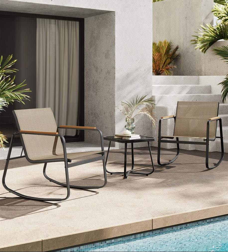Outdoor Rocking Chair Set, 2 Chairs, Glass Side Table, Steel Frame, 3-Piece Patio Set