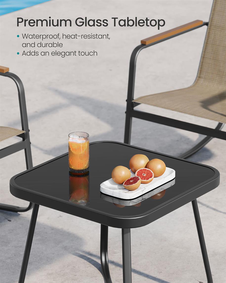 Outdoor Rocking Chair Set, 2 Chairs, Glass Side Table, Steel Frame, 3-Piece Patio Set