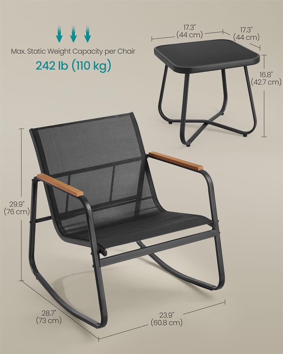 Outdoor Rocking Chair Set, 2 Chairs, Glass Side Table, Steel Frame, 3-Piece Patio Set