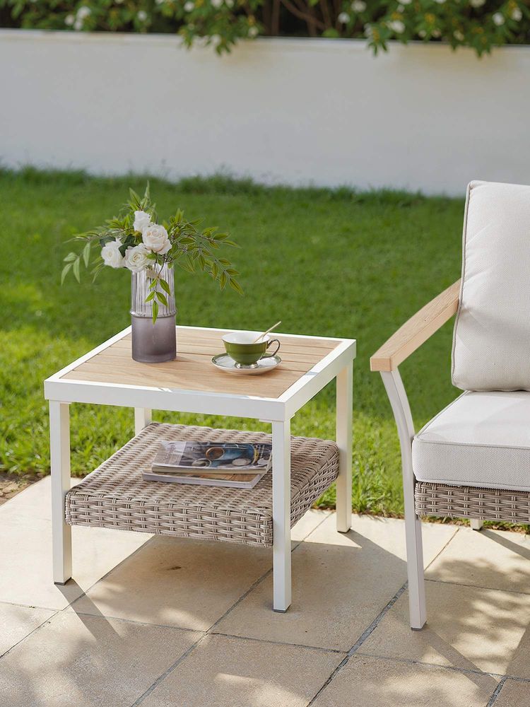 Outdoor Side Table, Faux Wood, 2-Tier Rattan, Coffee Table