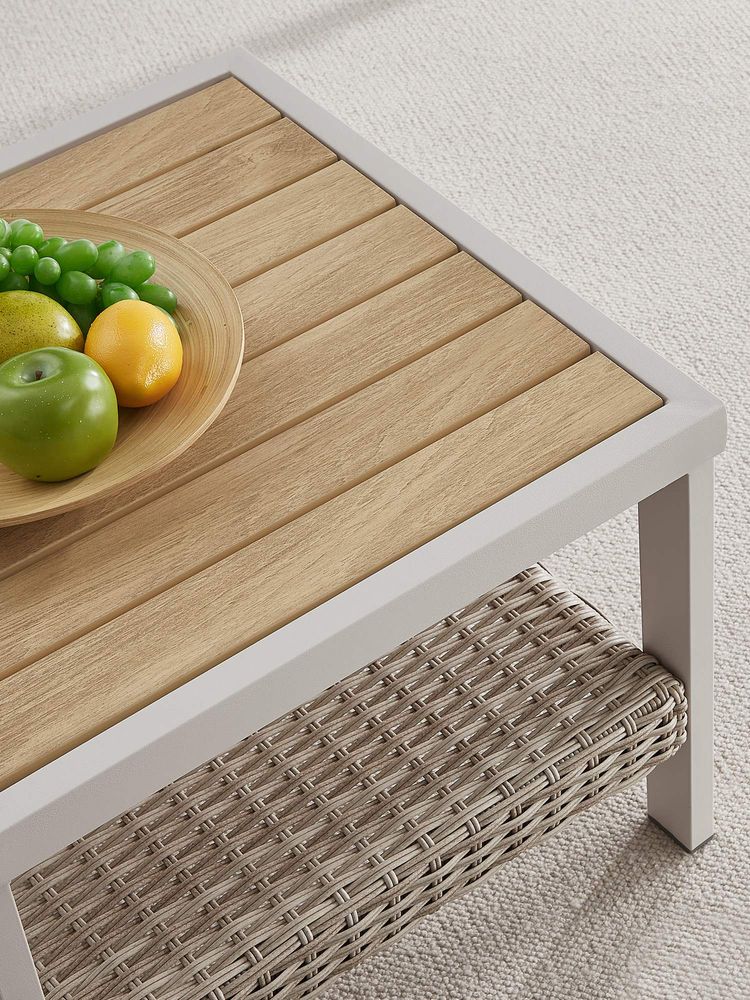 Outdoor Side Table, Faux Wood, 2-Tier Rattan, Coffee Table