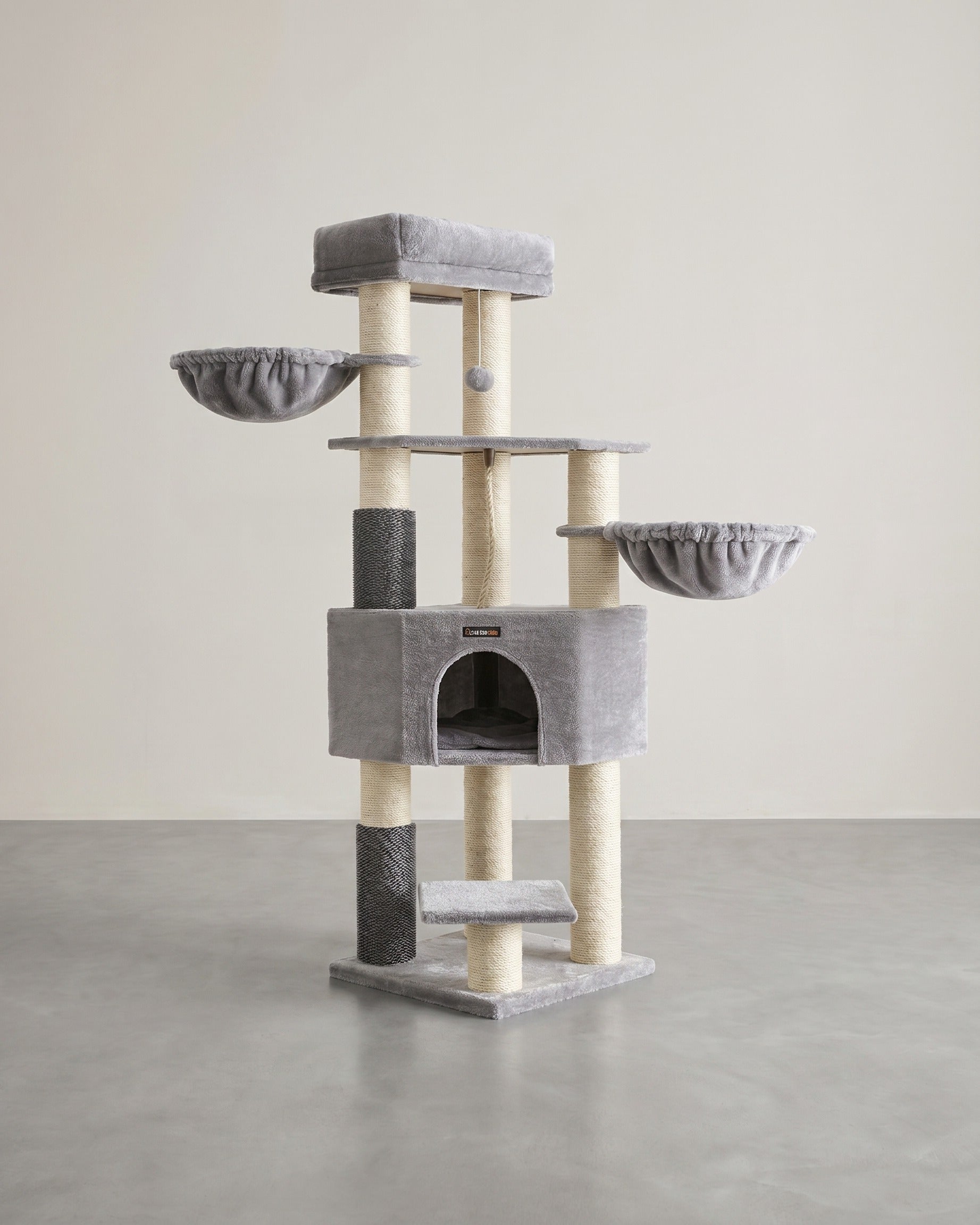 Krabpalen – Zelfverwarmende dekens – Voor grote katten – 2 kattenborstels – 9 palen Ø 11,1 cm – Grote platforms – Holletje – 50 x 50 x 160 cm – Max. belasting 105 kg – Geschikt voor tot 5 katten