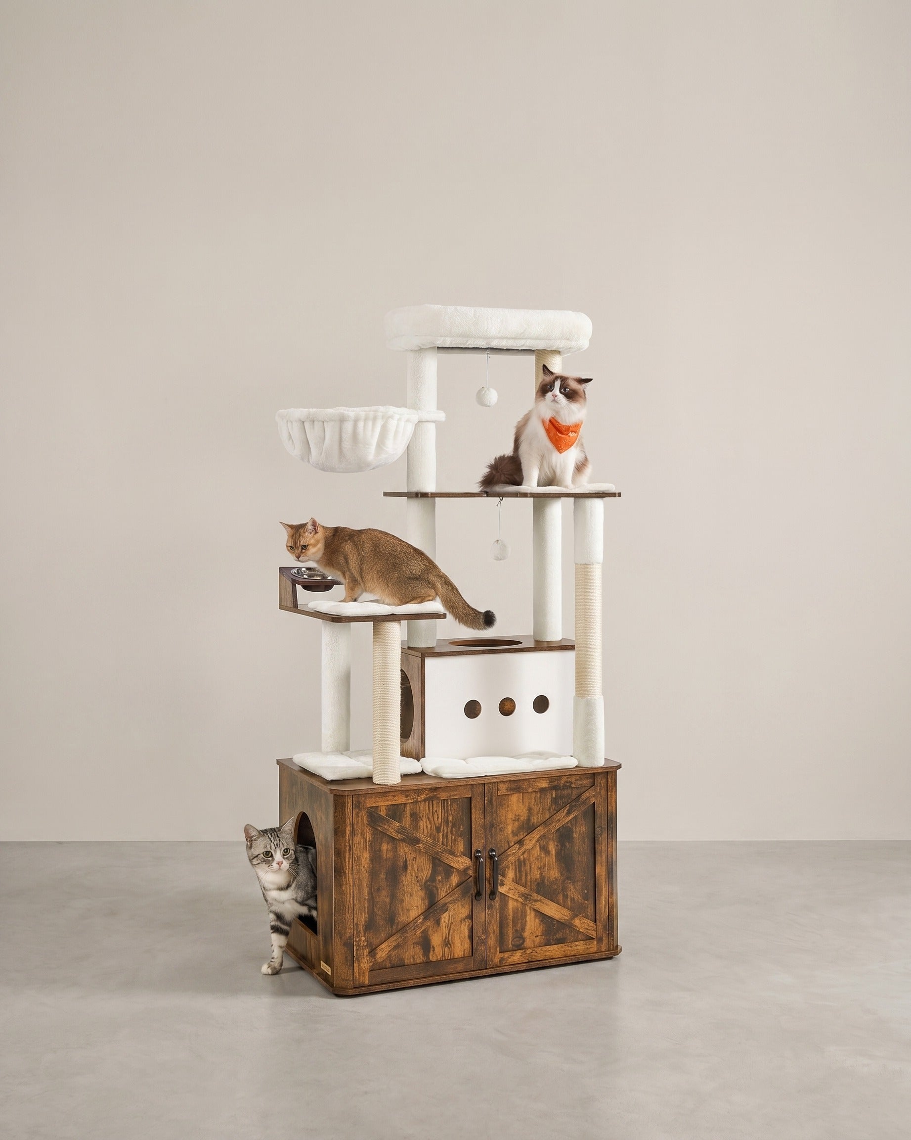 Kattenkrabpaal 170 cm - Grote Krabpaal met Kattenhuis - Verhoogde Voerbakken & Opbergruimte - De Vries Meubels