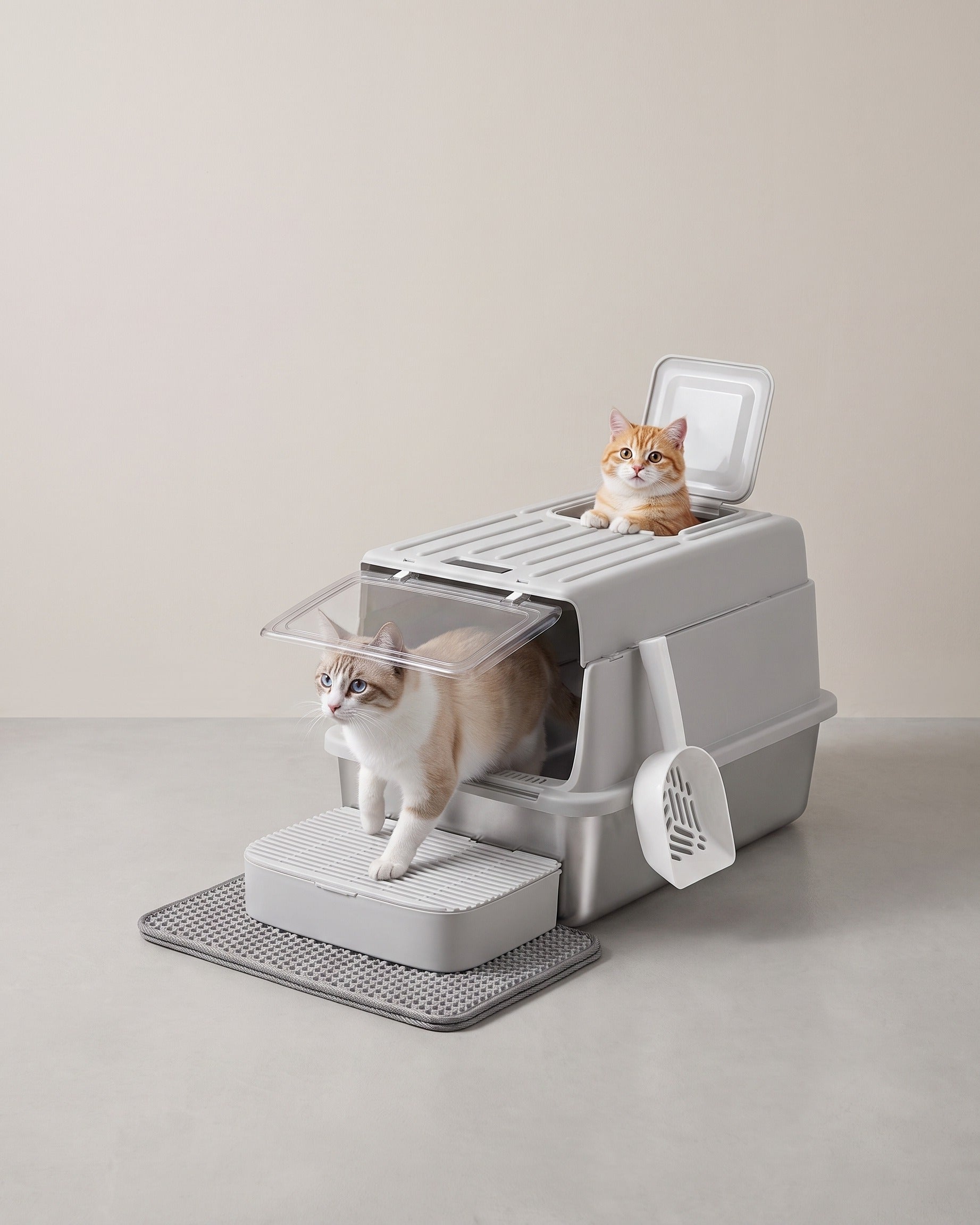 Kattenbak - RVS Met Deksel - 2 Ingangen - Inclusief Schepje En Mat