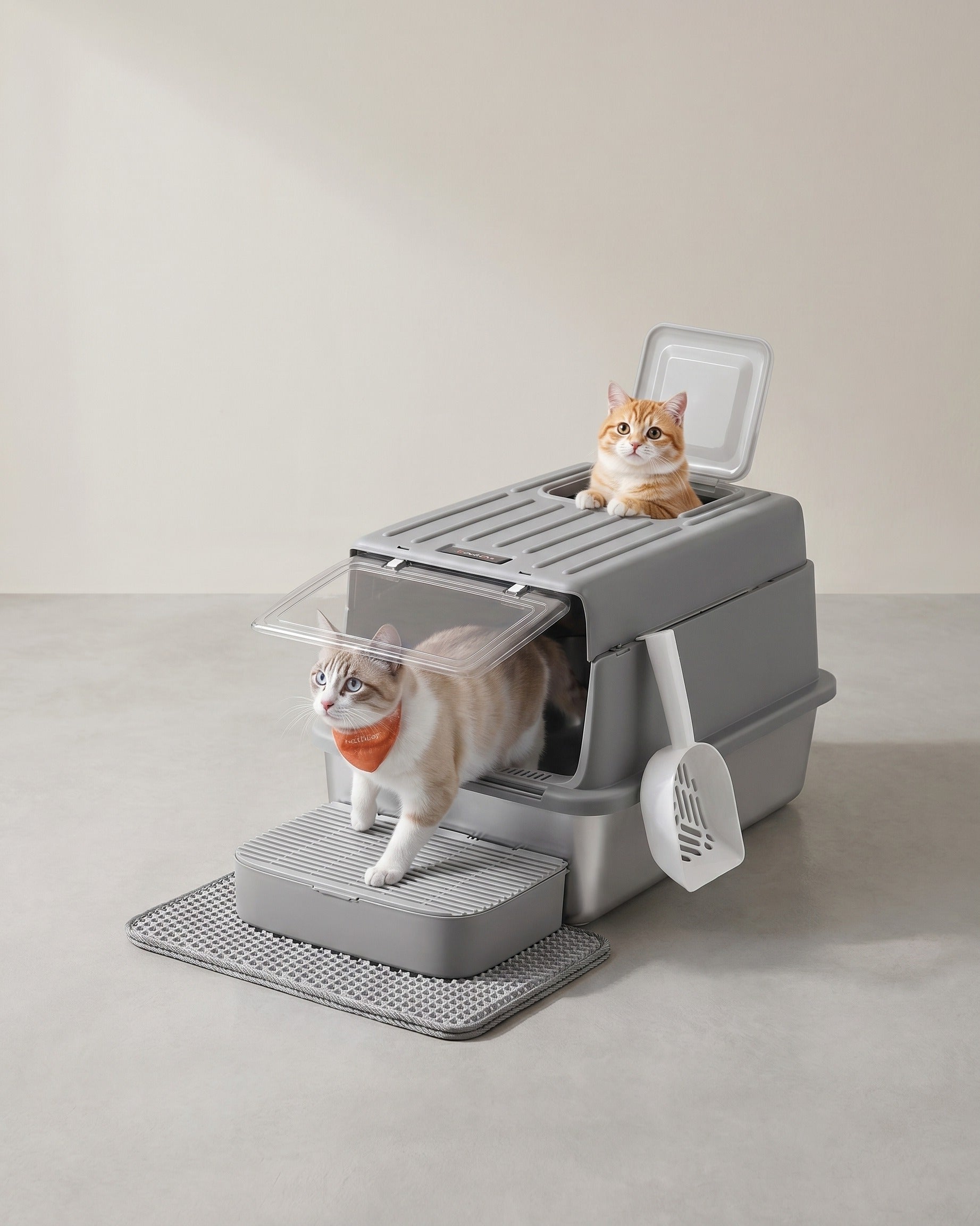 Kattenbak - RVS Met Deksel - 2 Ingangen - Inclusief Schepje En Mat