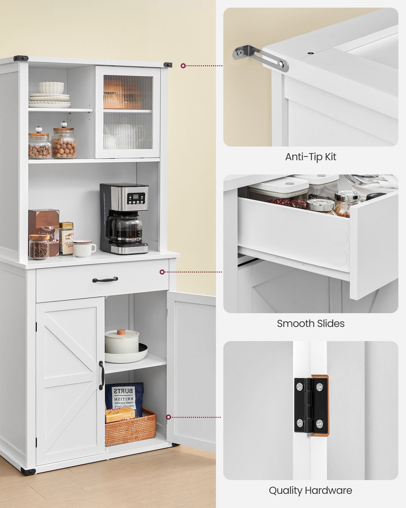 Pantry Cabinet, Adjustable Light, Power Strip, Microwave Hutch, Drawer, Sliding Door