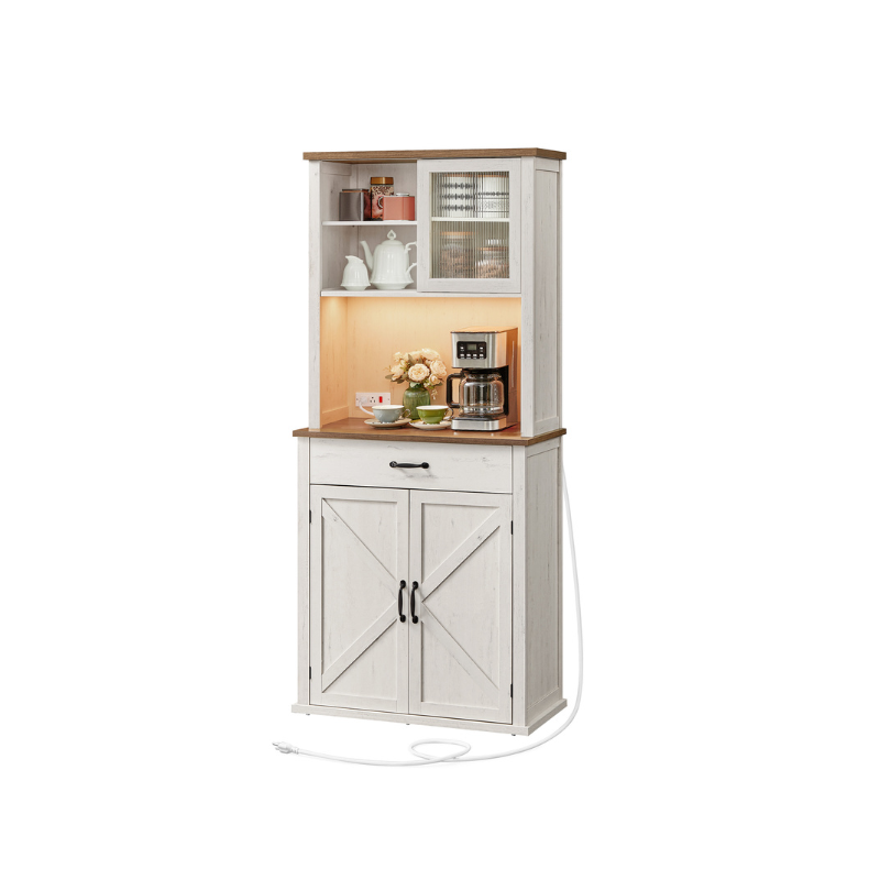 Pantry Cabinet, Adjustable Light, Power Strip, Microwave Hutch, Drawer, Sliding Door