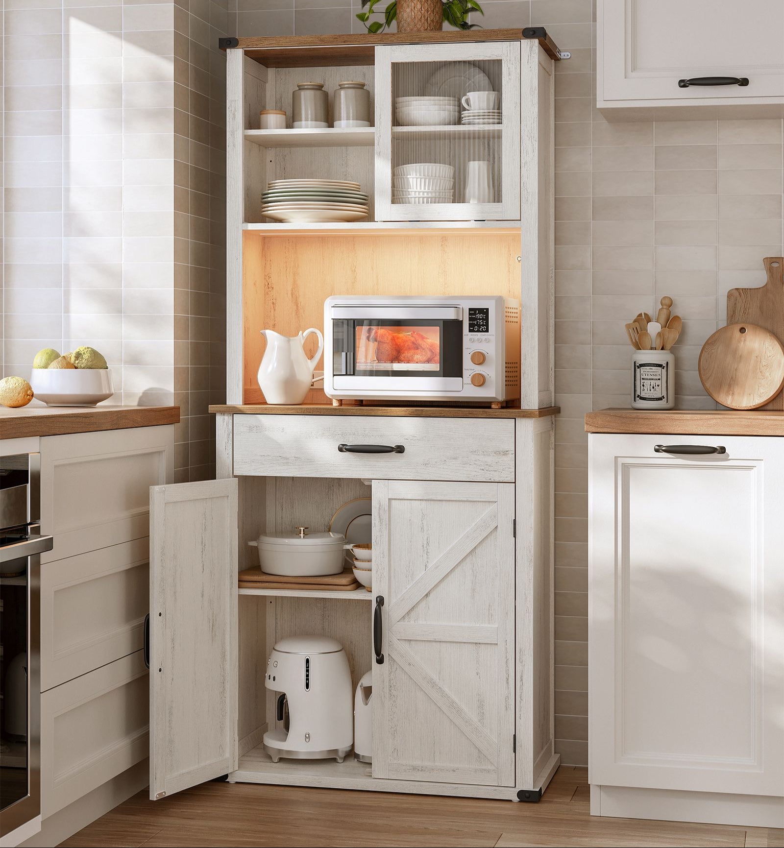 Pantry Cabinet, Adjustable Light, Power Strip, Microwave Hutch, Drawer, Sliding Door