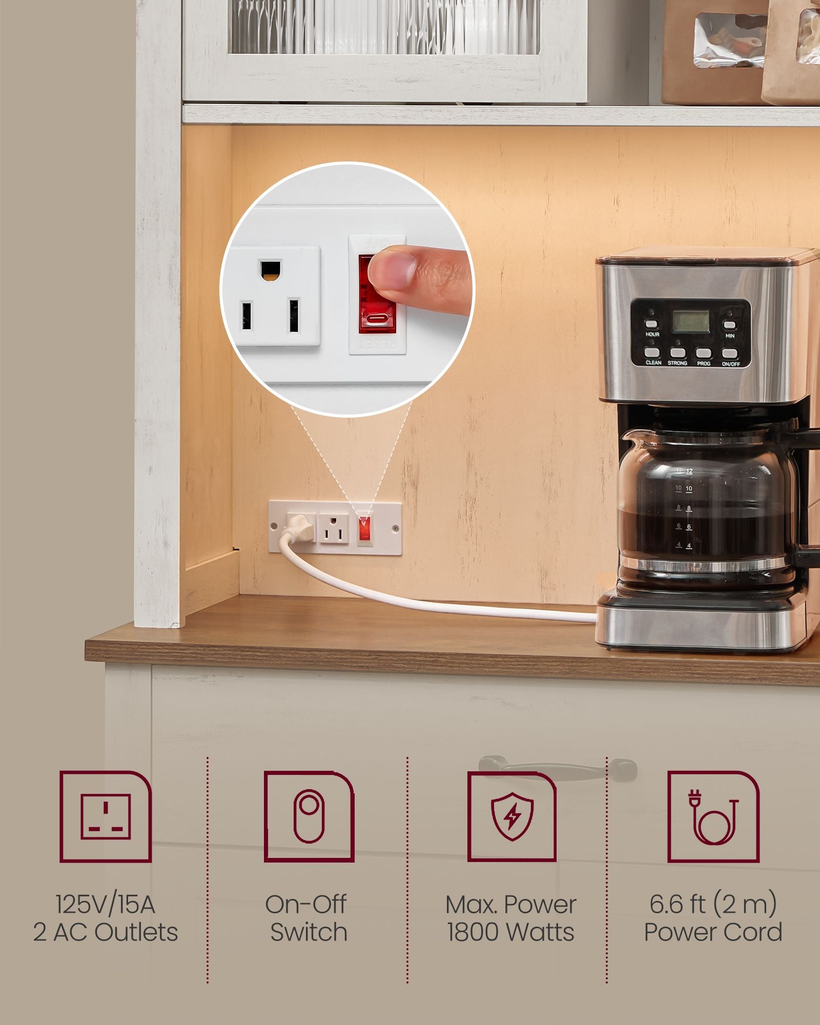 Pantry Cabinet, Adjustable Light, Power Strip, Microwave Hutch, Drawer, Sliding Door