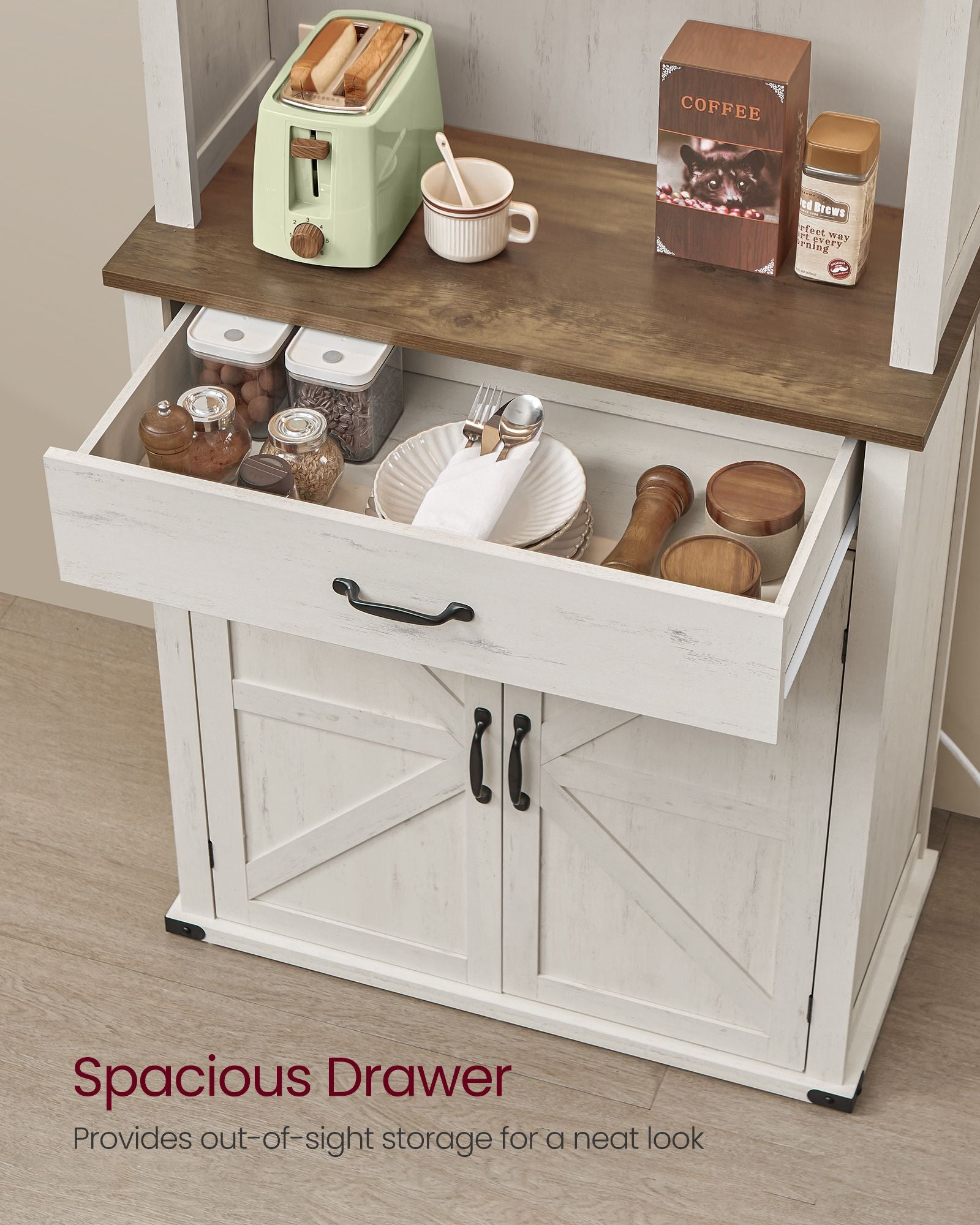 Pantry Cabinet, Adjustable Light, Power Strip, Microwave Hutch, Drawer, Sliding Door