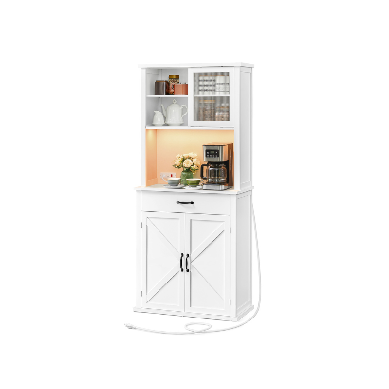 Pantry Cabinet, Adjustable Light, Power Strip, Microwave Hutch, Drawer, Sliding Door