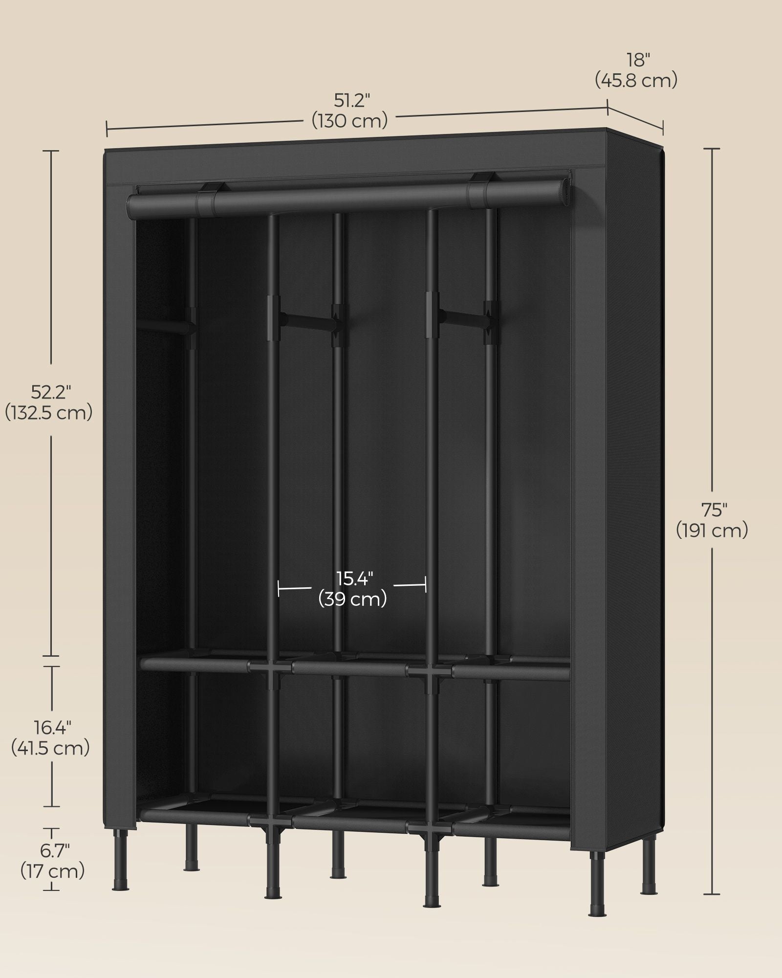 Portable Wardrobe Closet with Cover – Hanging Rails and Shelves – Available in 3 Sizes