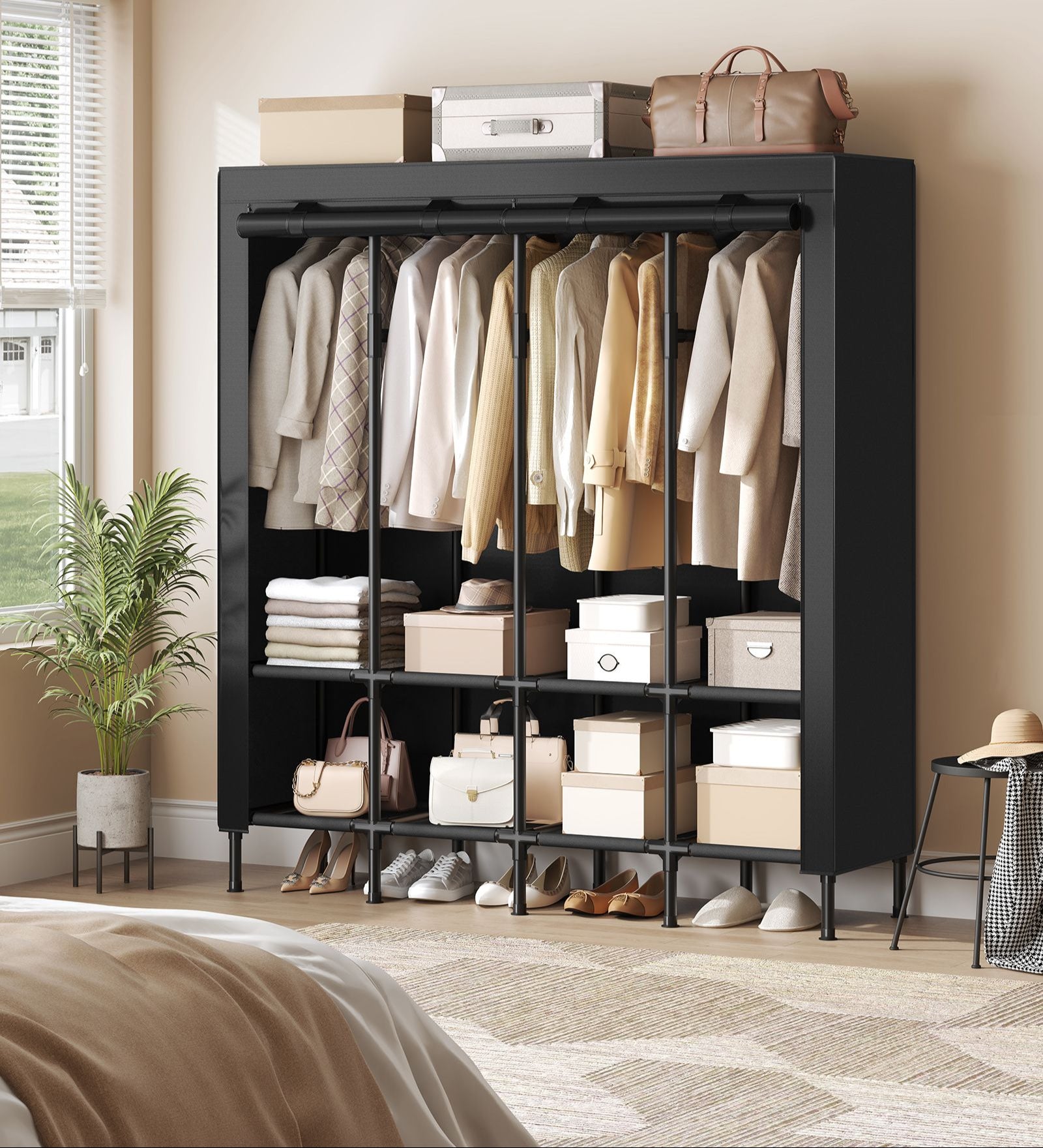 Portable Wardrobe Closet with Cover – Hanging Rails and Shelves – Available in 3 Sizes