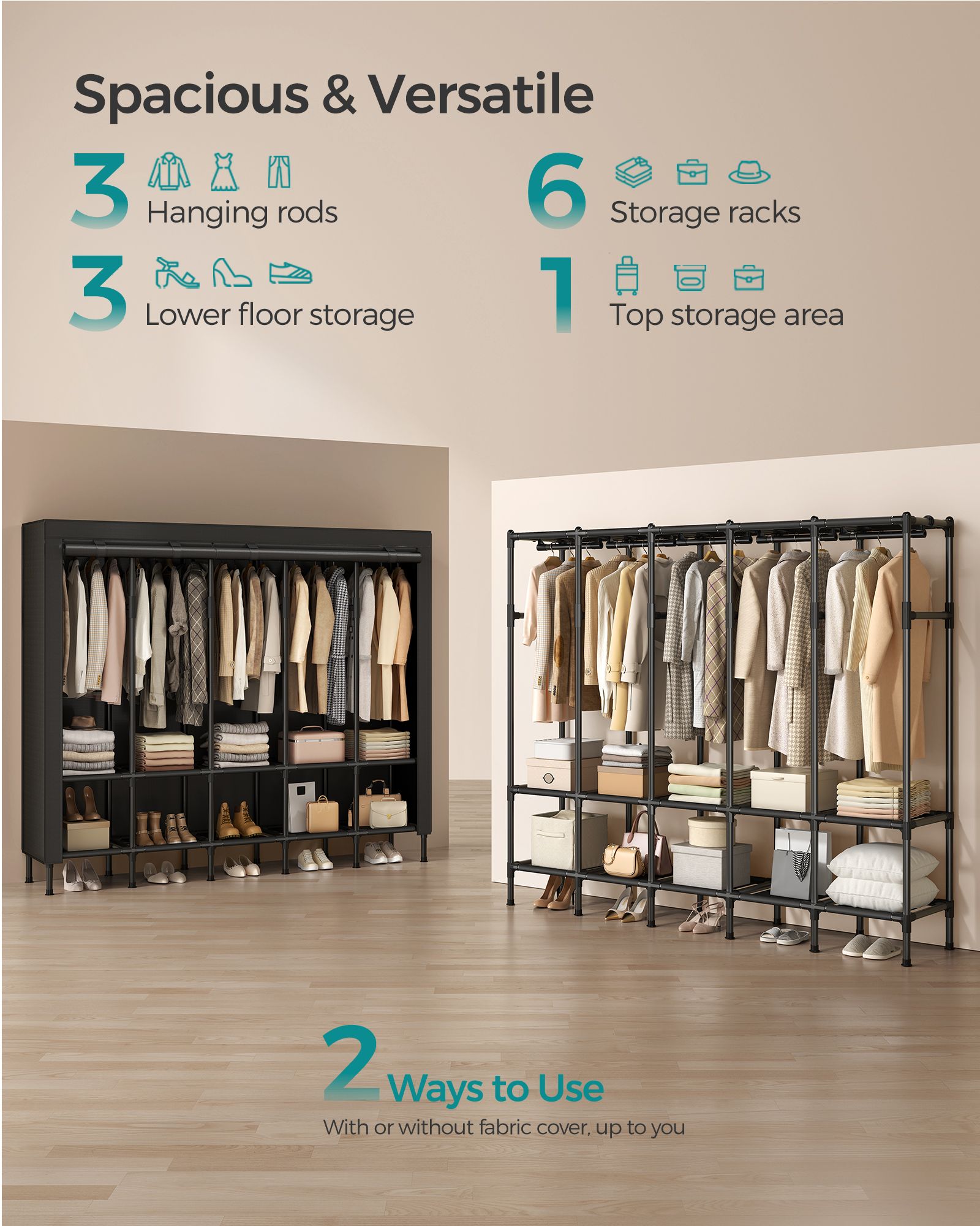 Portable Wardrobe Closet with Cover – Hanging Rails and Shelves – Available in 3 Sizes