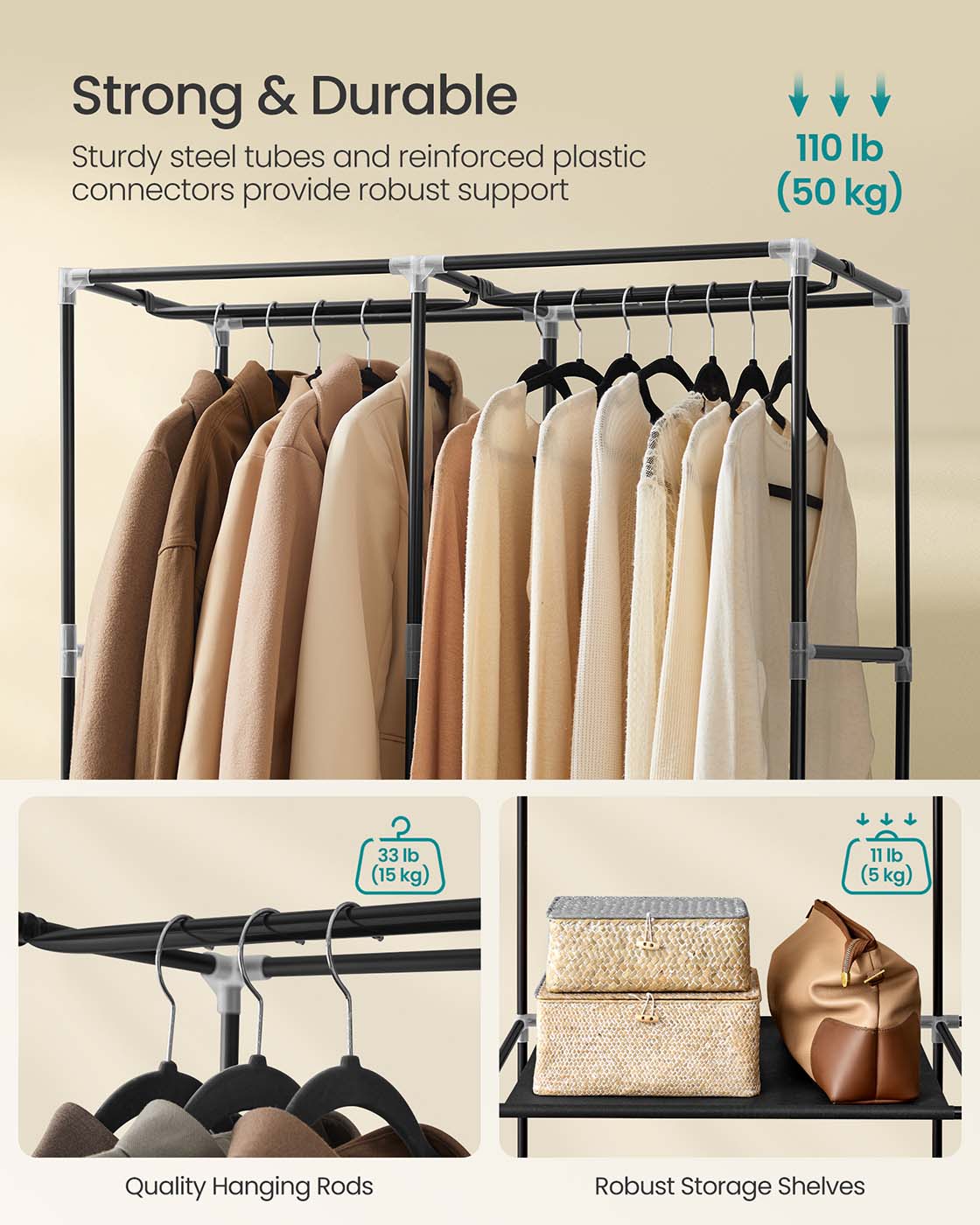 Portable wardrobe closet – hanging space and shelves – steel frame – 4 side pockets