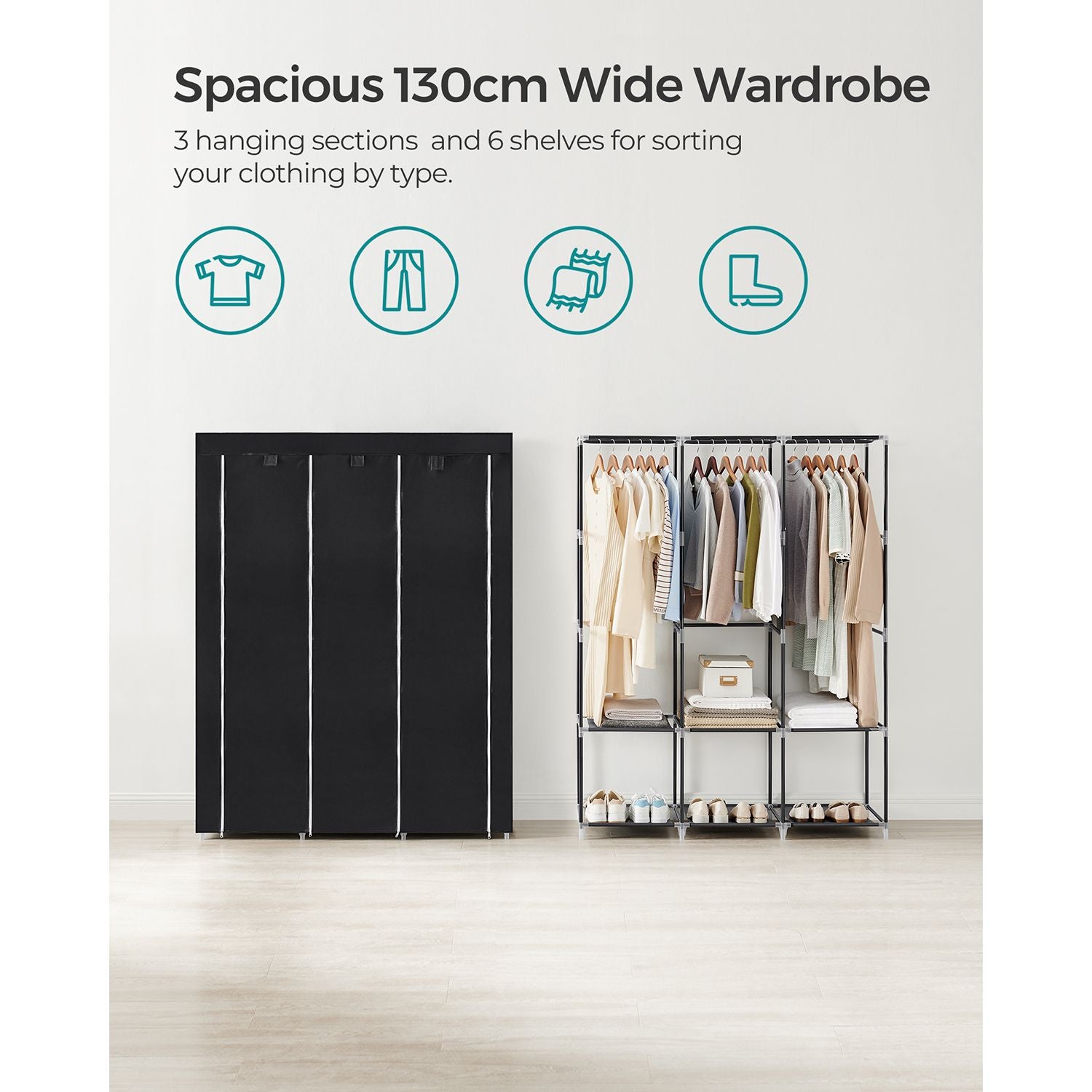 Portable wardrobe closet – hanging space and shelves – steel frame – 4 side pockets