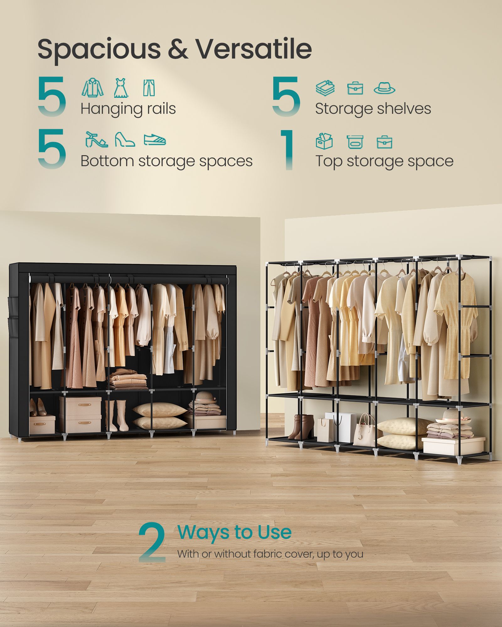 Portable wardrobe closet – hanging space and shelves – steel frame – 4 side pockets