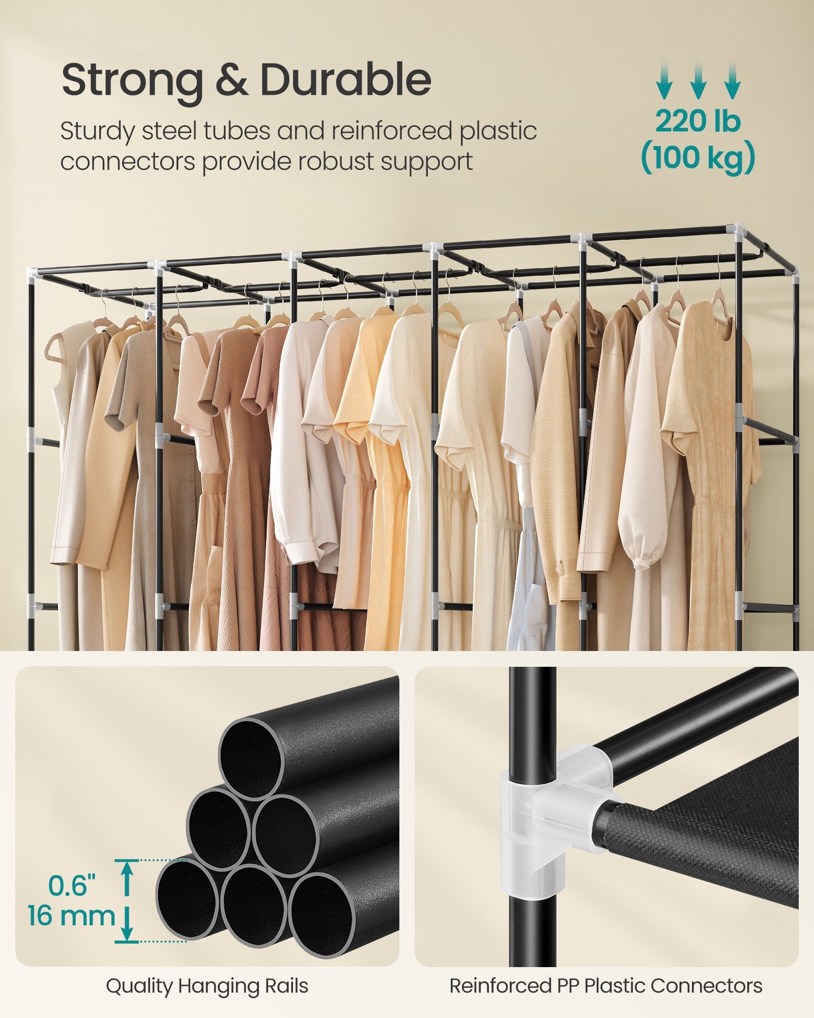Portable wardrobe closet – hanging space and shelves – steel frame – 4 side pockets