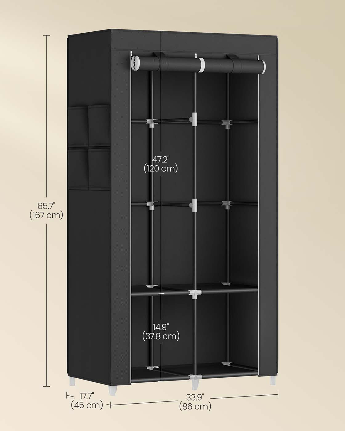 Portable wardrobe closet – hanging space and shelves – steel frame – 4 side pockets
