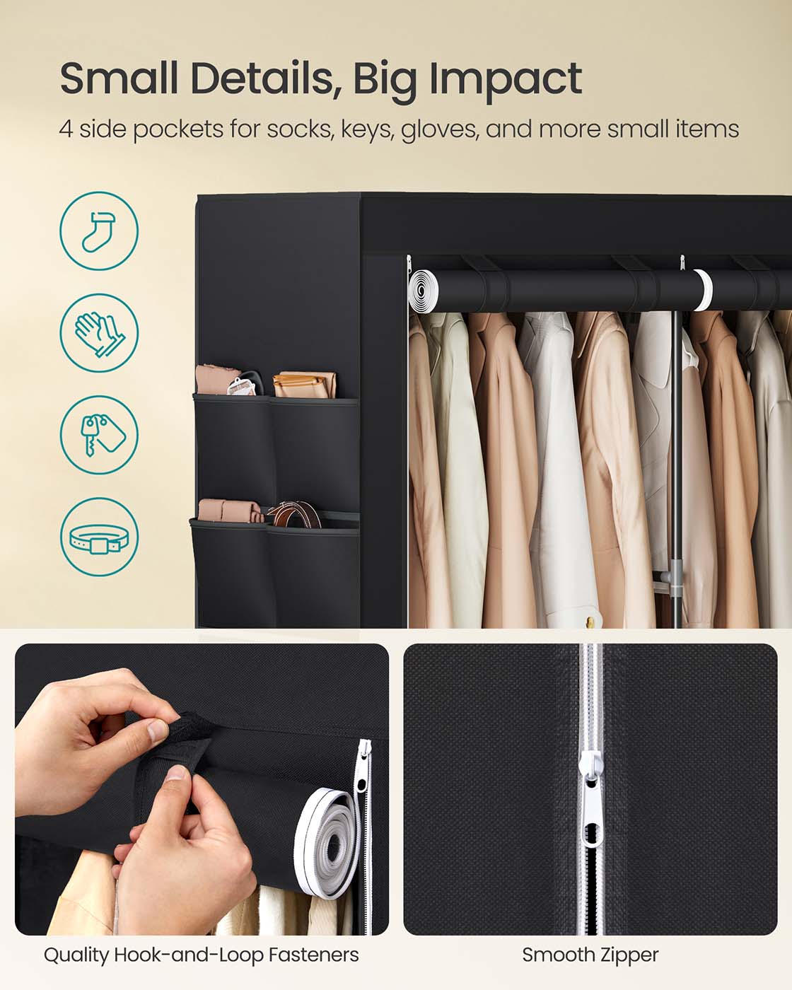 Portable wardrobe closet – hanging space and shelves – steel frame – 4 side pockets