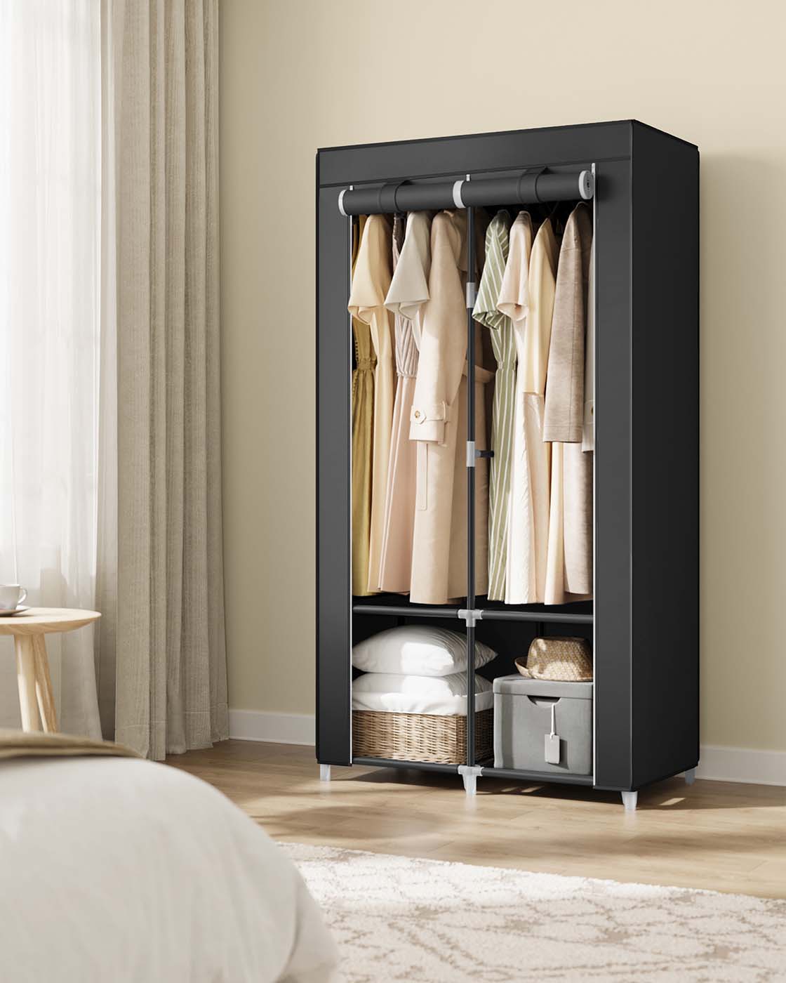 Portable wardrobe closet – hanging space and shelves – steel frame – 4 side pockets